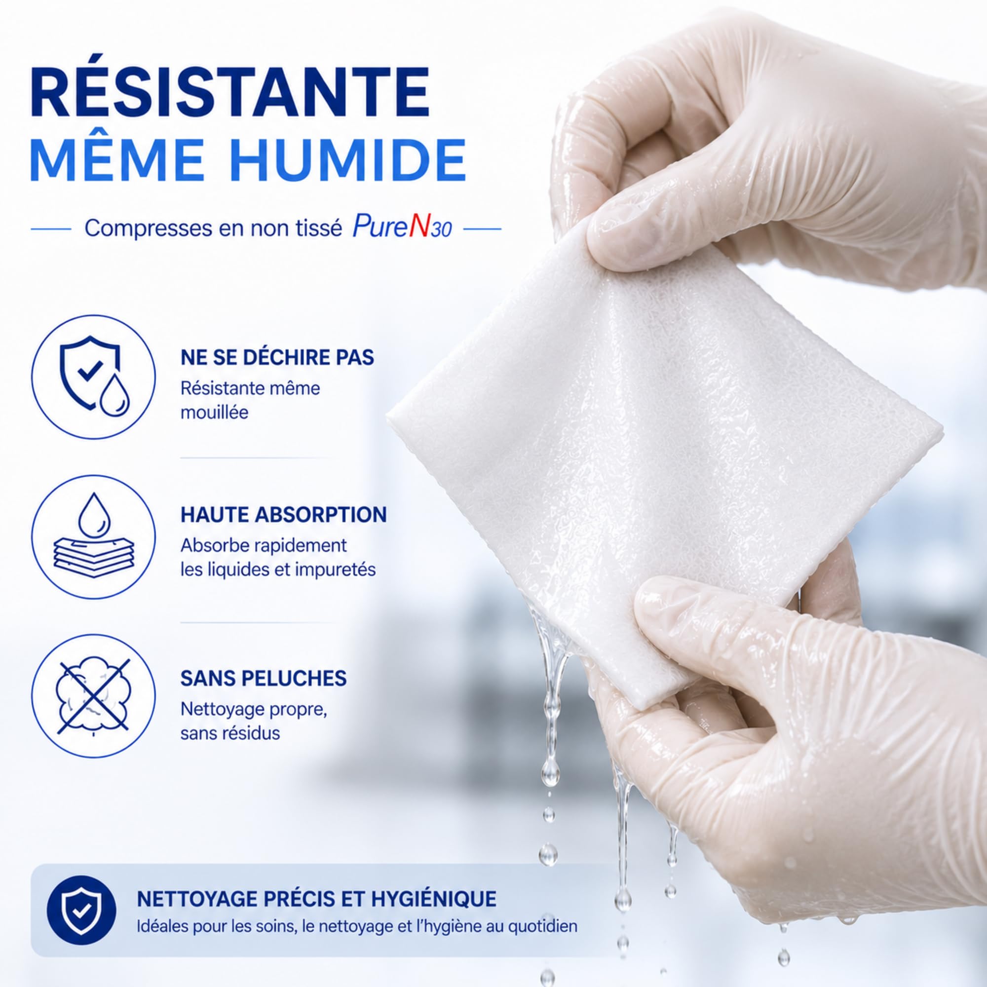 Lot de 10 Sachets de 100 Compresses Non Tissées Non Stériles (7,5 x 7,5cm) – Hypoallergéniques, Ultra-Absorbantes – Usage Médical et Domestique – Le Pro du Médical