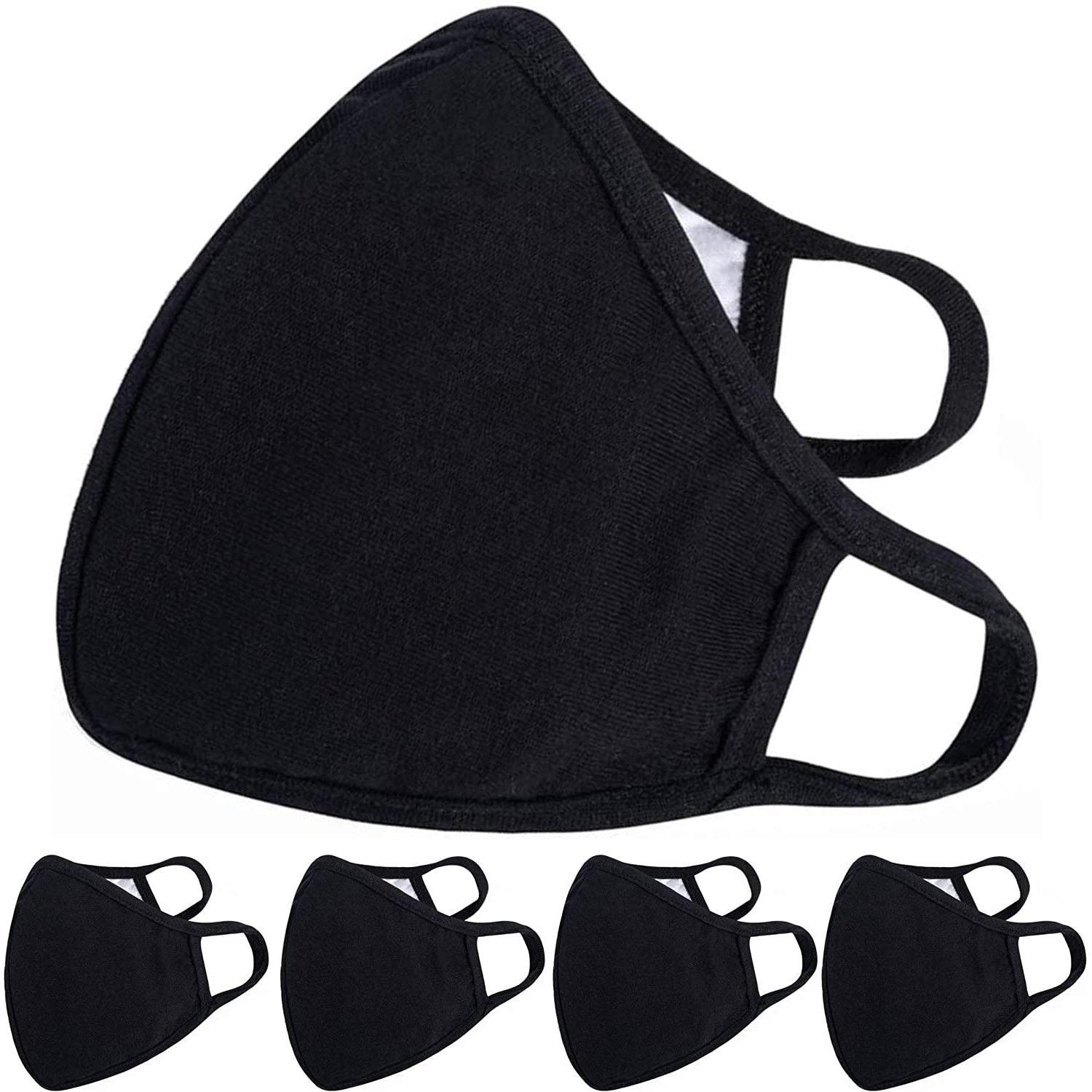 KEPLIN 5pk Black Face Masks - Reusable Washable Breathable Dustproof Adjustable Lightweight Bandanas for Dust, Outdoors, Sports