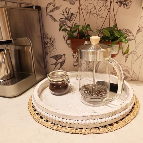 Miniatura 7 de Bandeja redonda de madera con cuentas, bandeja decorativa de madera rústica de 13 pulgadas para centro de mesa, otomana, bandejas circulares de