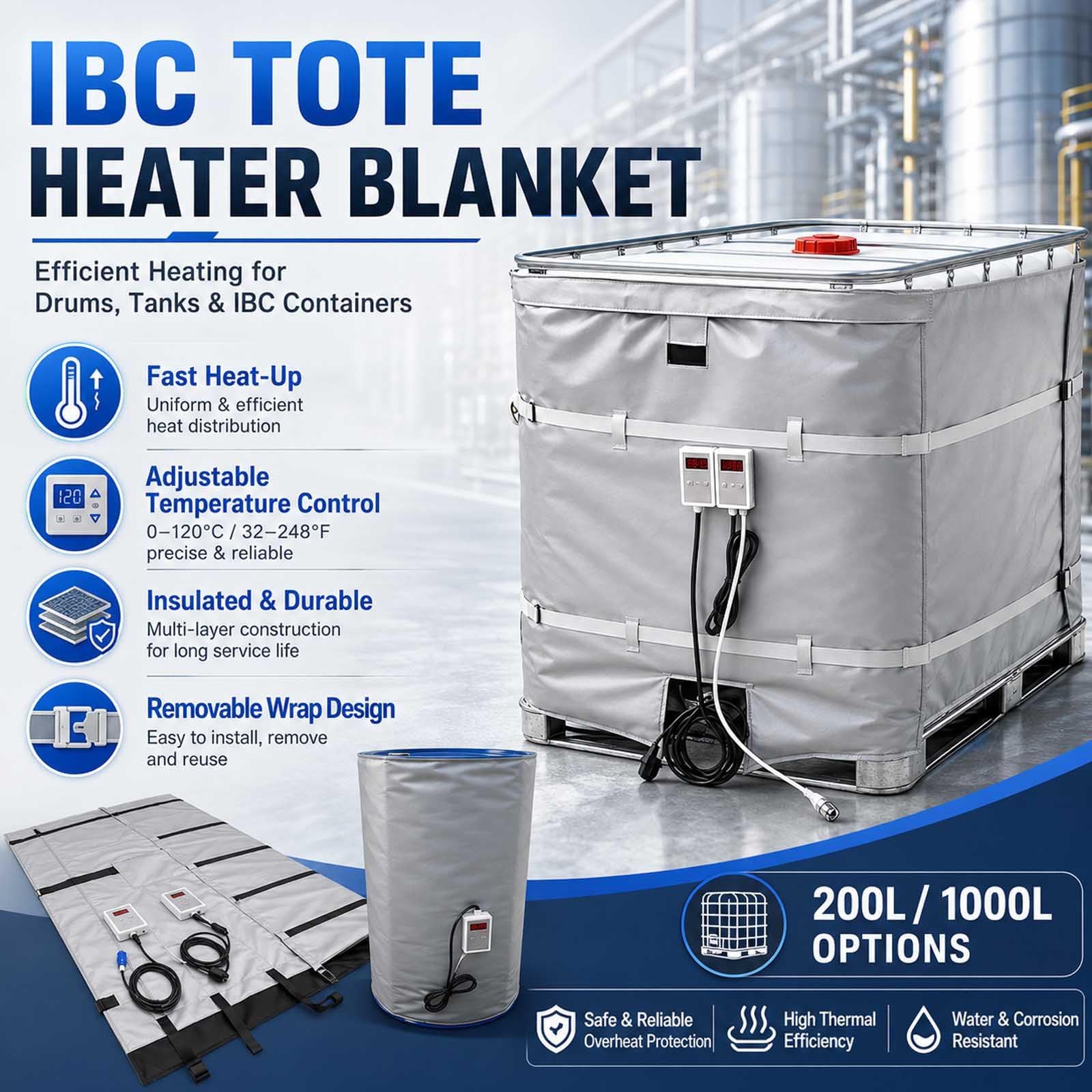 Couverture Chauffante Ibc, 2000/4000 W, Contrôle Numérique 0–120 °C 200L