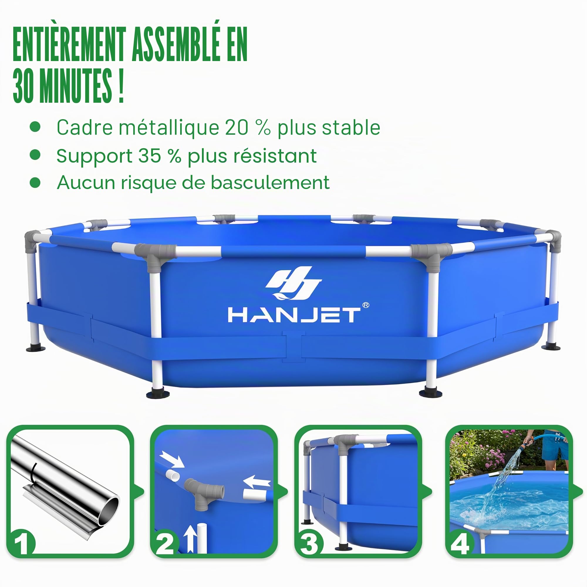 Steel Frame Piscine à cadre en polyéthylène (pas de PVC) – Piscine de jardin hors sol – Piscine d'été avec cadre en acier pataugeoire pour l'extérieur arrière-cour – Ronde, bleue (diamètre 366