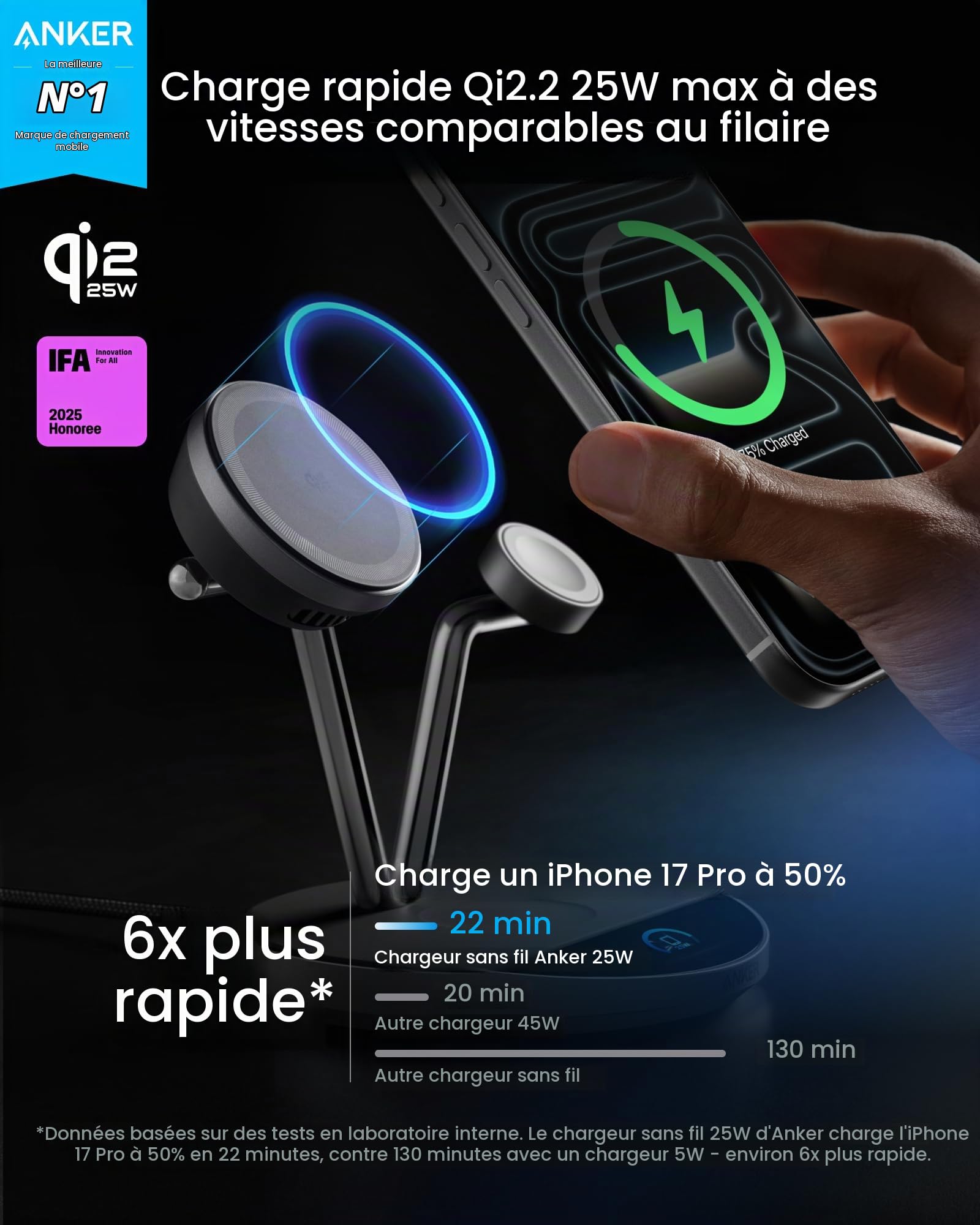 Anker Station de Charge 3 en 1 Compatible avec Prime MagSafe, Station de Charge sans Fil Qi2 25 W, écran Intelligent avec Refroidissement Actif TEC, pour iPhone 17, Apple Watch, AirPods, et Plus