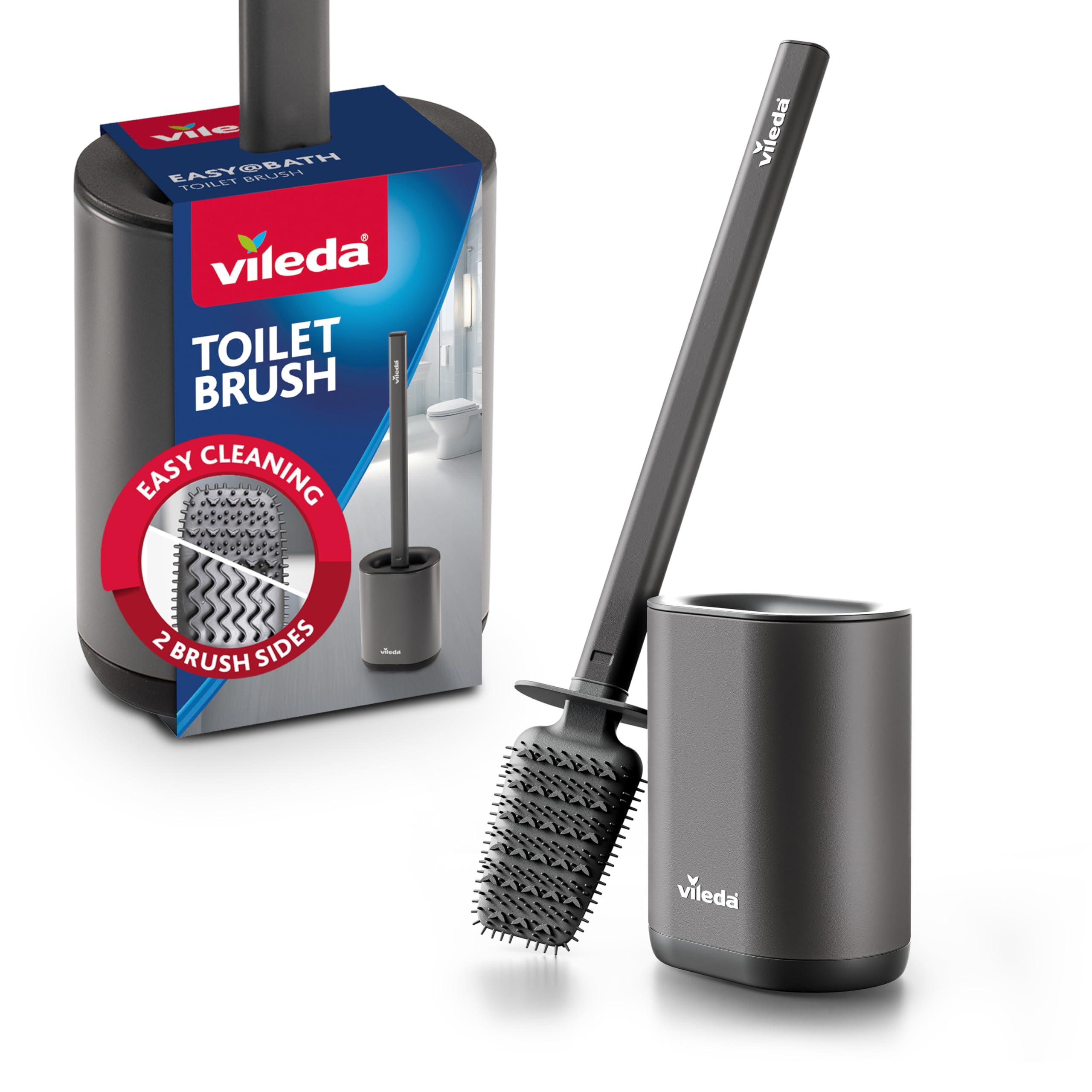 Vileda Scopino WC in Silicone con Supporto da Parete – Spazzola Bagno con Testa Flessibile e Manico in Acciaio Inox – 2 Zone di Pulizia, Asciugatura Rapida, Igienico, Grigio