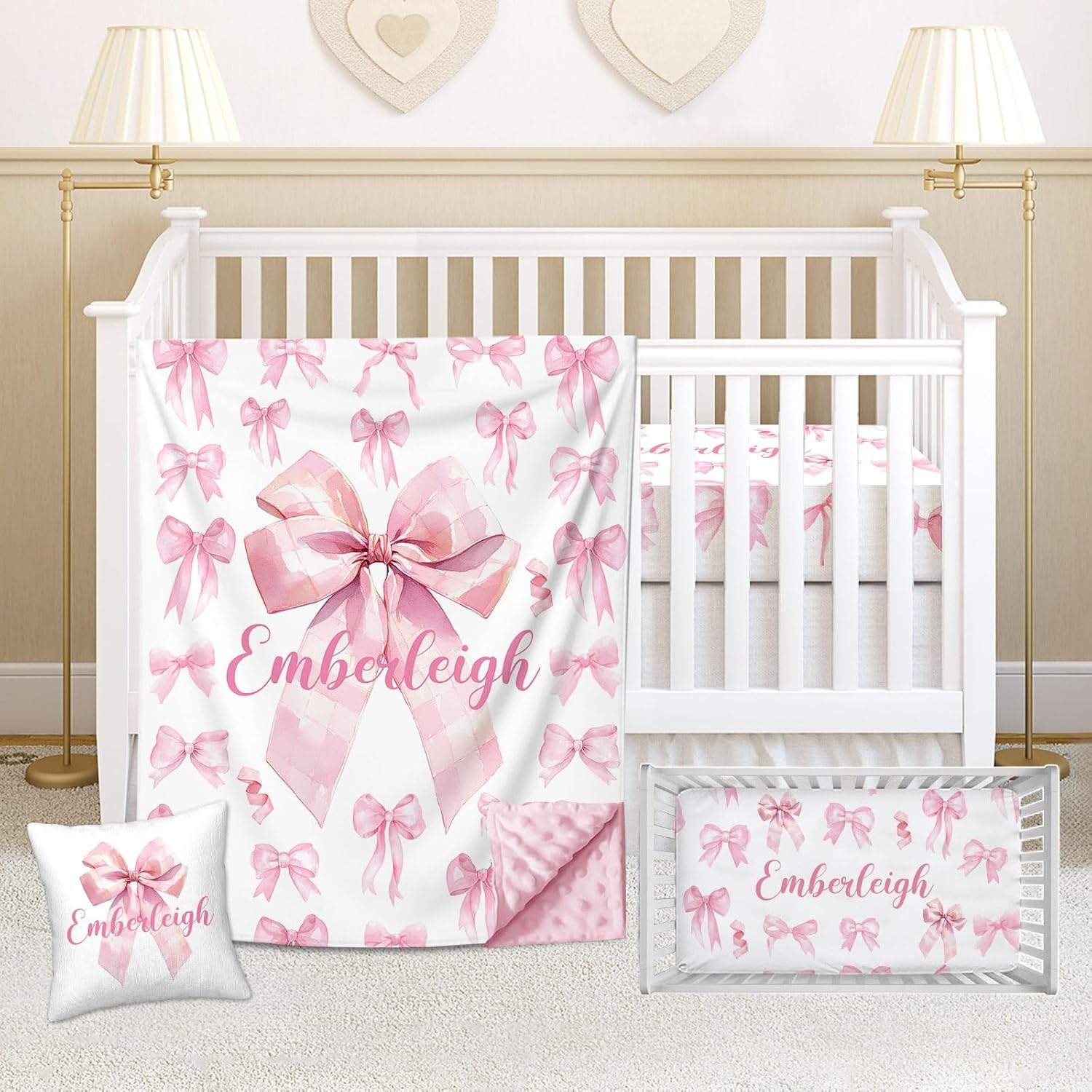 Personalized Pink Bow Crib Bedding Set for Girls – Custom Baby Name 3 Pcs Nursery Set with Comforter, Fitted Sheet & Pillowcase, Toddler Infant Baby Bedding
