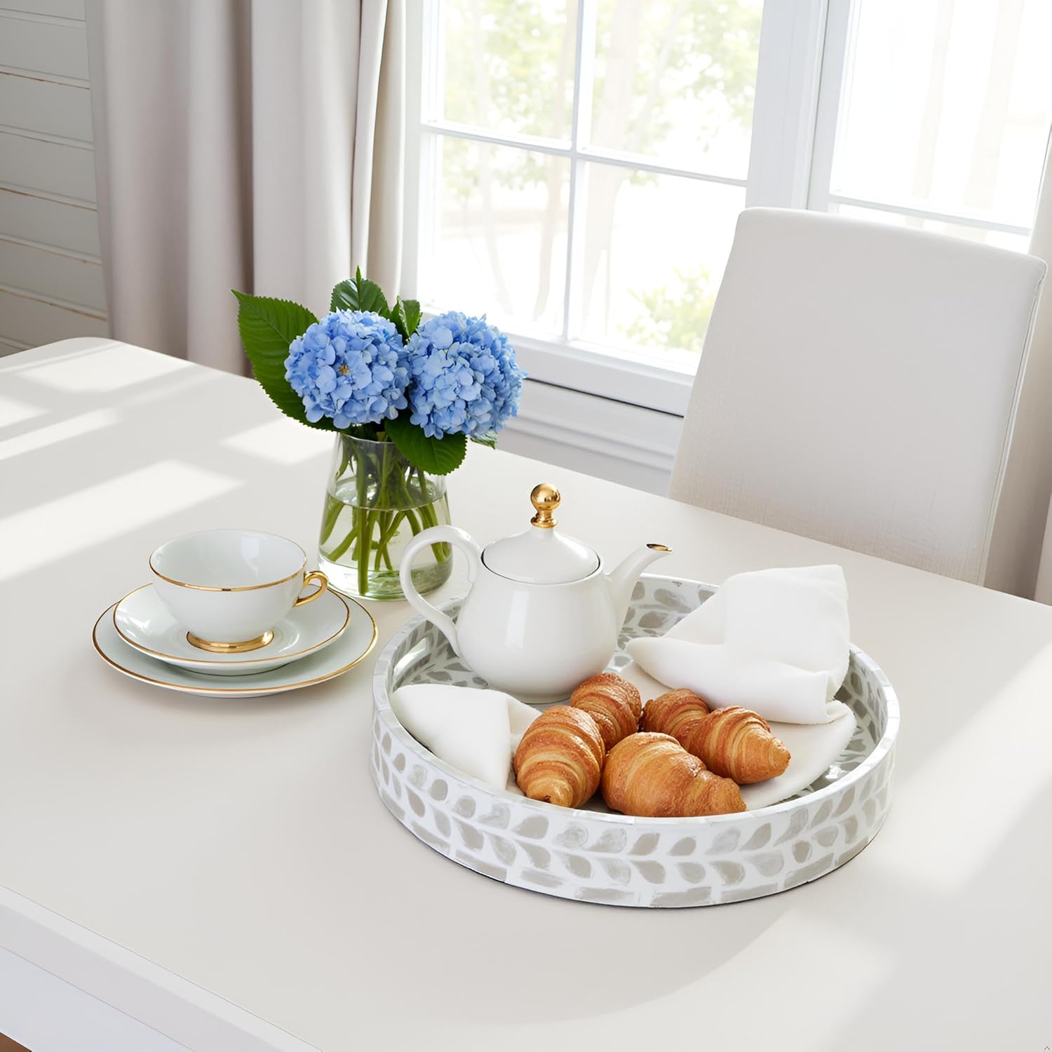 CLAYNIX Serving Tray 12.5 Inch, Lacquer Mother of Pearl Inlay Mosaic Tray, Round Wooden Marble Tray with Handles Trays for Tea, Breakfast (White) - Image 3