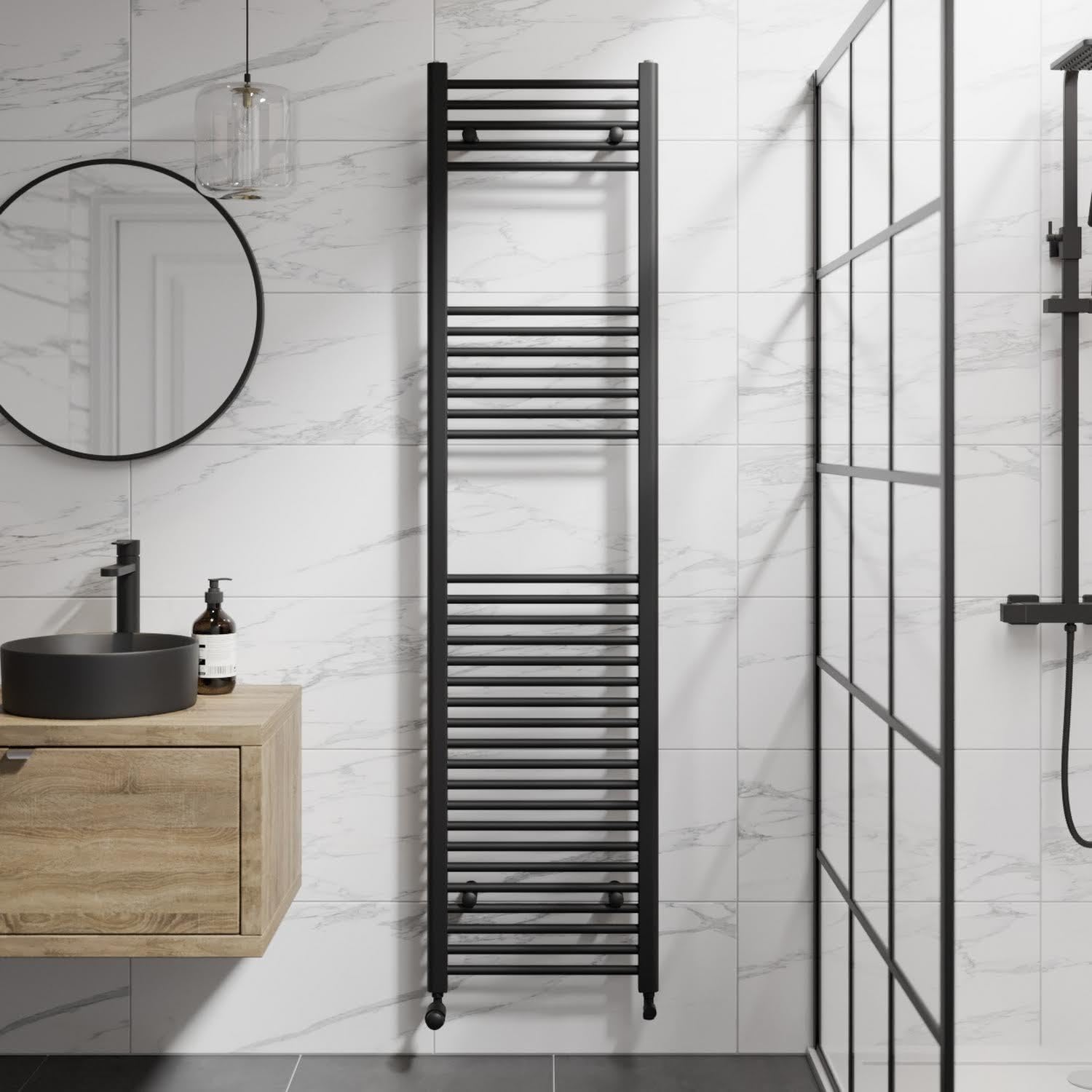 Duratherm Black Duratherm® 1800 X 450Mm Flat Straight Heated Towel Rail Radiator Modern Central Heating Bathroom Warmer Wall Mounted Ladder Rad, Matt