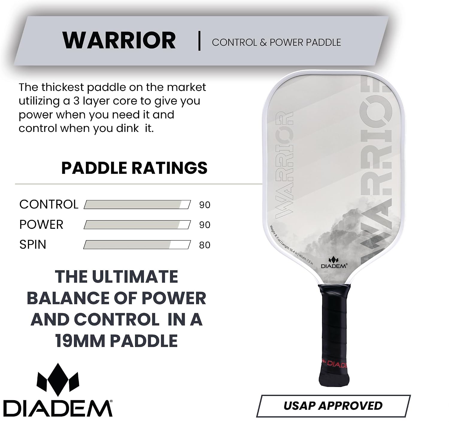 Diadem Warrior Pickleball Paddle | Carbon Fiber Face, 3X L-Core Hybrid Nomex Polymer Honeycomb Core, Grit Paint Surface for Spin, Control and Power | Indoor/Outdoor | USAPA Approved