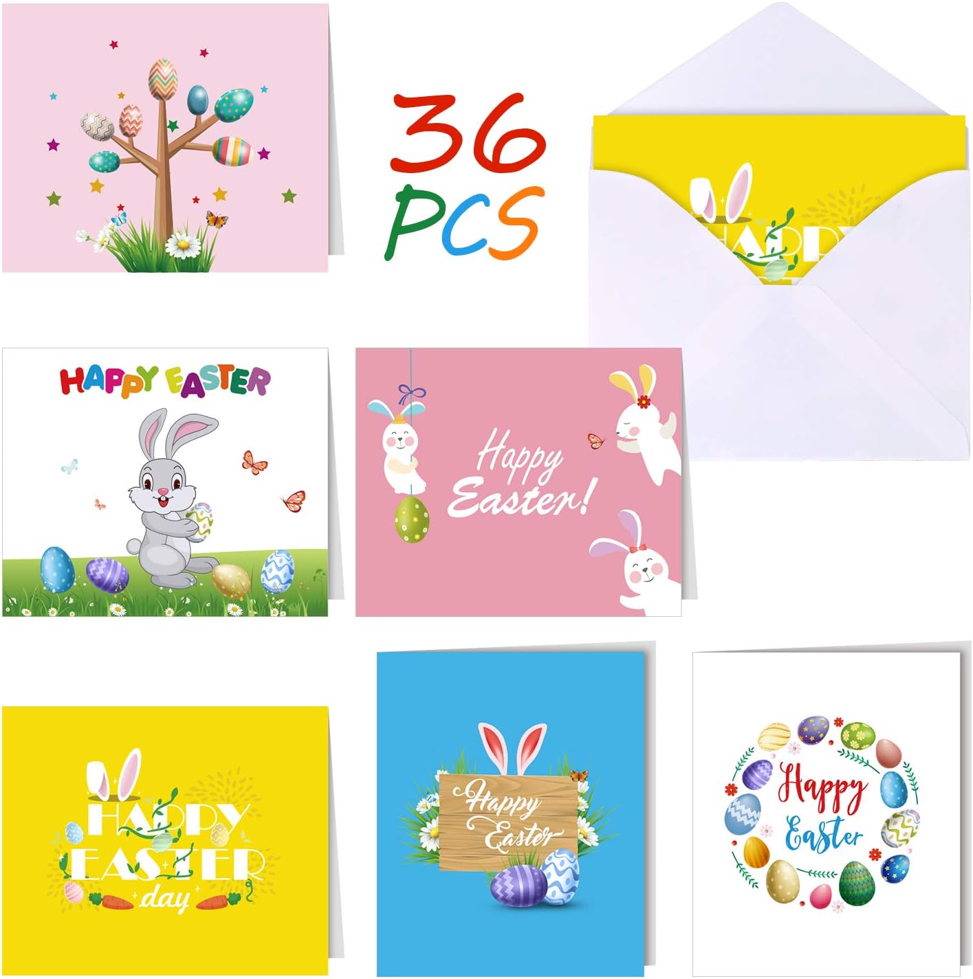 FEPITO 36 Pack Happy Easter Cards Easter Greeting Cards Assortment Easter Bunny Egg Rabbit Design Spring Note Cards with 36 Envelopes and Sticker for Kids (6 Design)