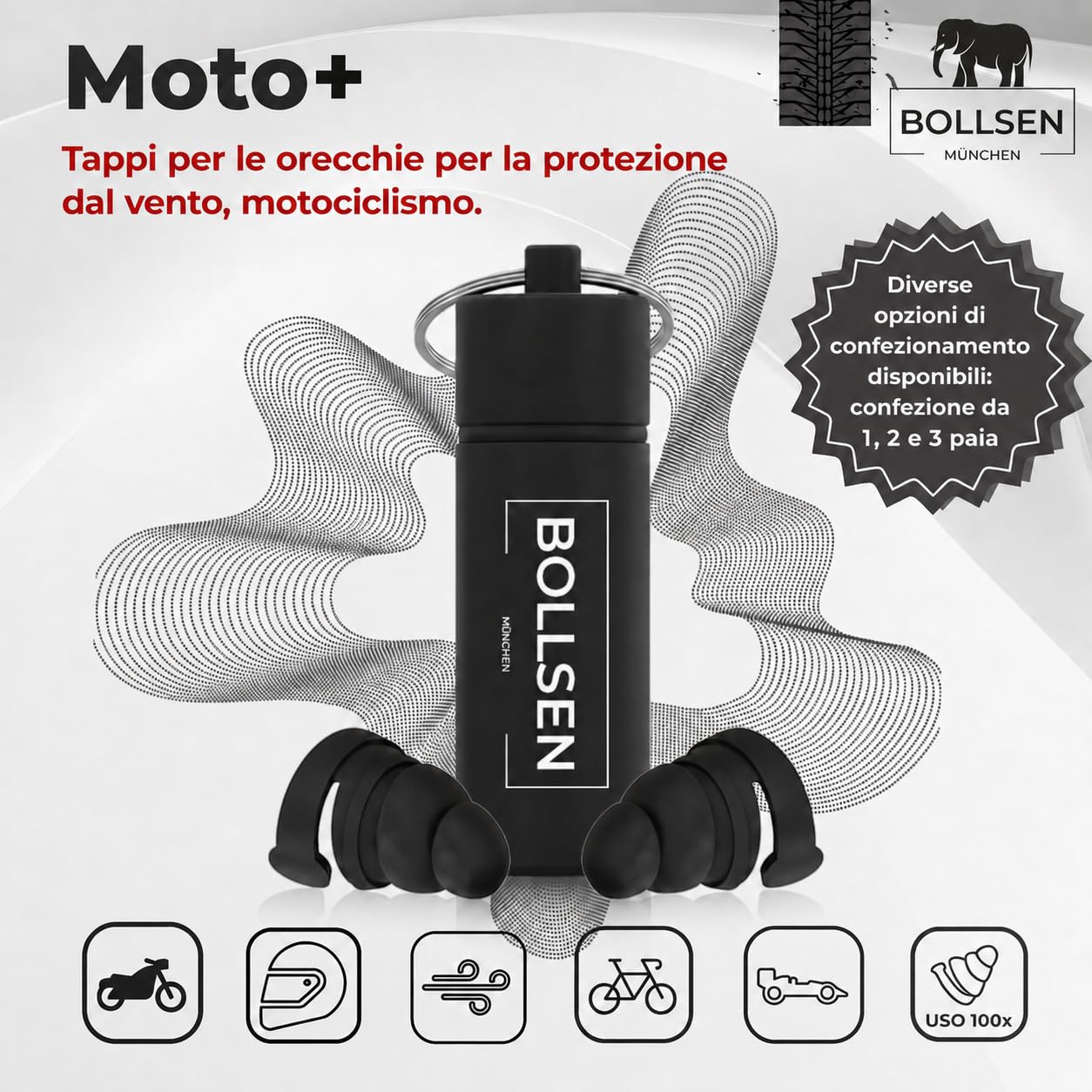 BOLLSEN Tappi Orecchie Moto, Riduzione Rumore Vento e Motore SNR 24 dB, Silicone Riutilizzabile, Comodi Sotto il Casco