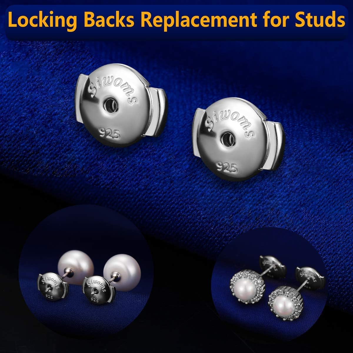 2-Pairs Locking Earring Backs for Studs - 18K White Gold Plated Secure Replacements Earring Backings, Hypoallergenic (7mm)