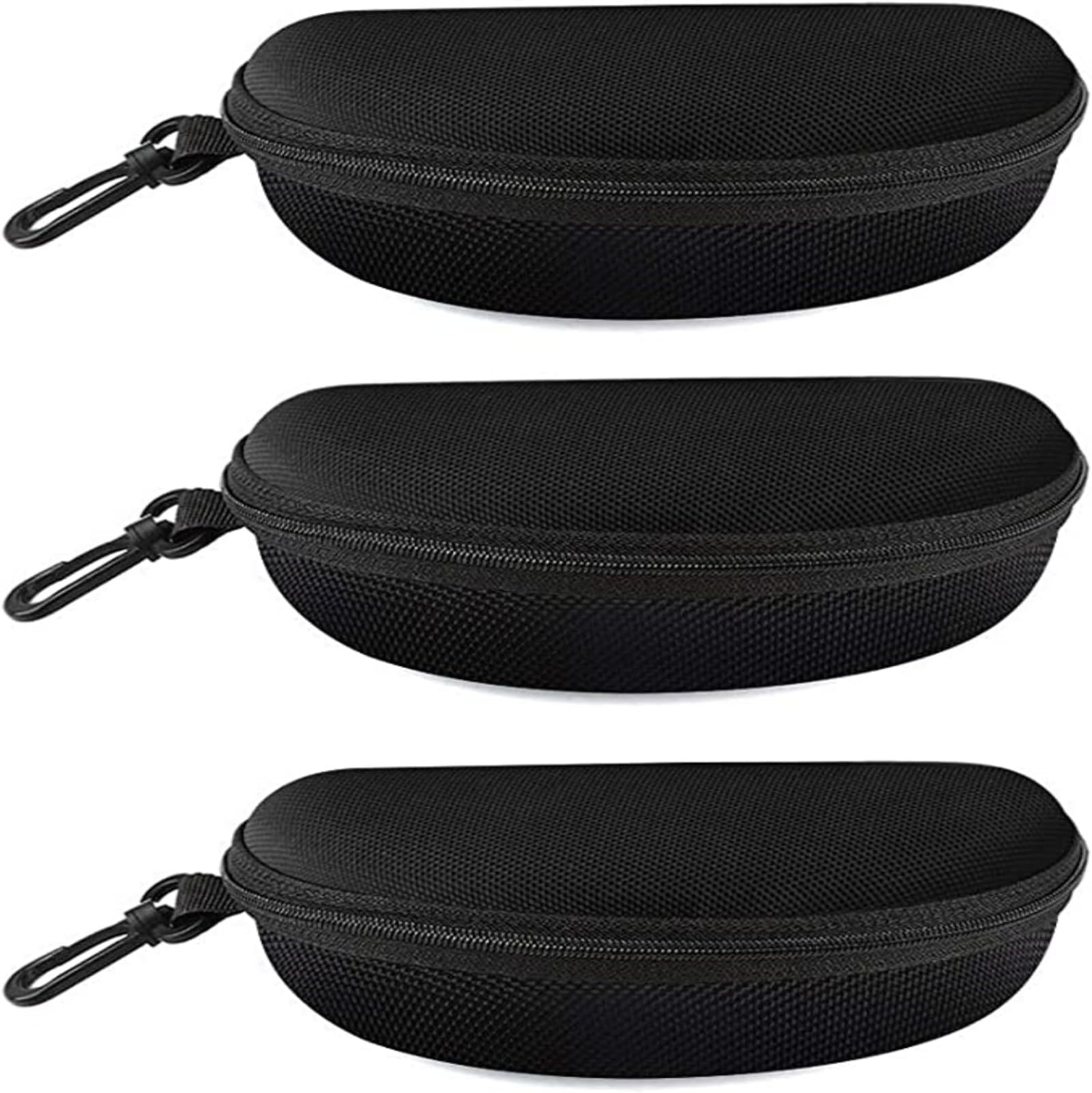 3 Pack Zipper Shell Eyeglasses and Sunglasses Case with Plastic Carabiner Hook (Black)