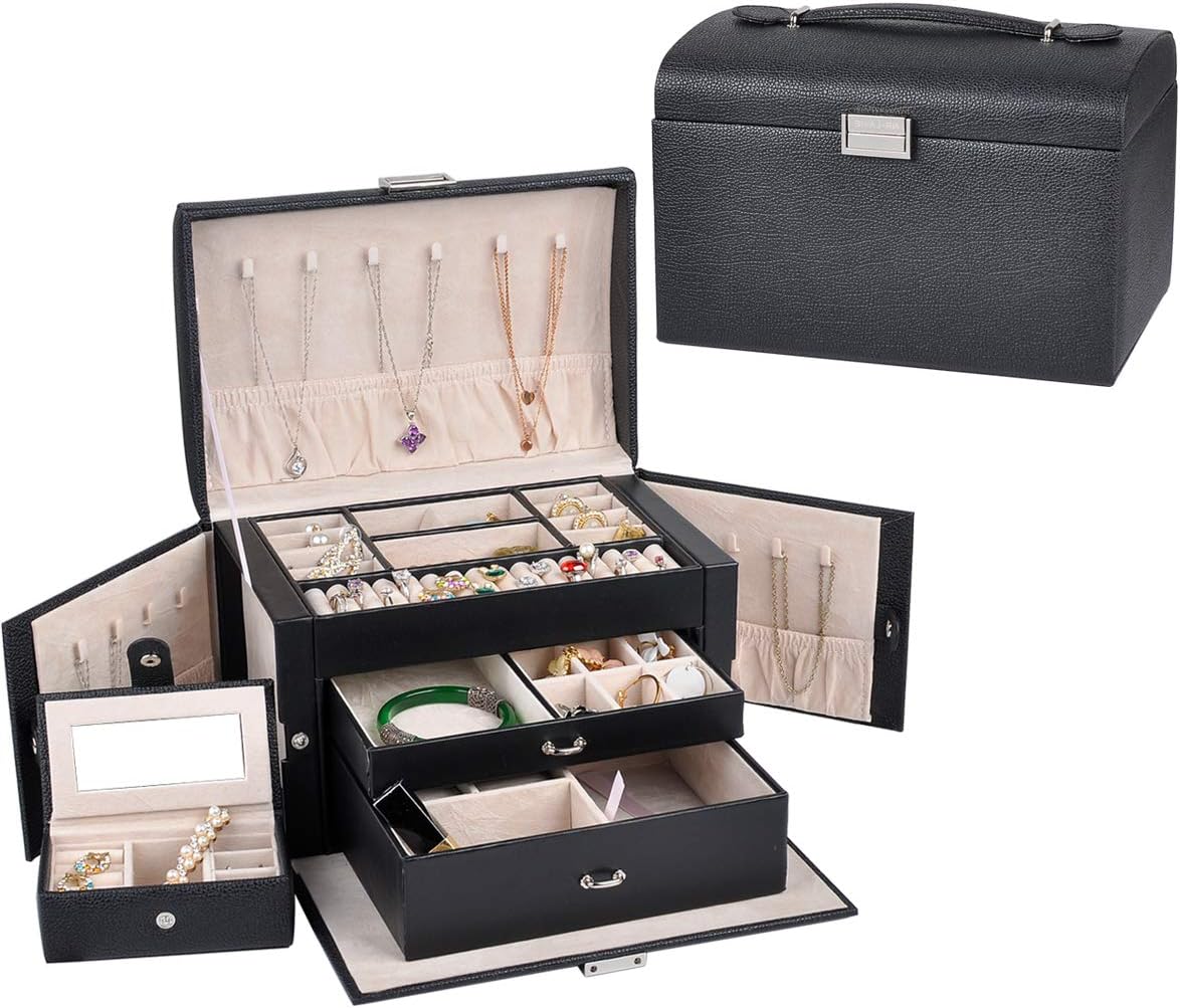 NirongLavie NIRONG LAVIE Women's Jewelry Box, Girls Jewelry Organizer with Mini Jewellery Case, Lockable Jewelry Travel Case, Faux Leather Vintage Gift Box, Medium Size (Black)