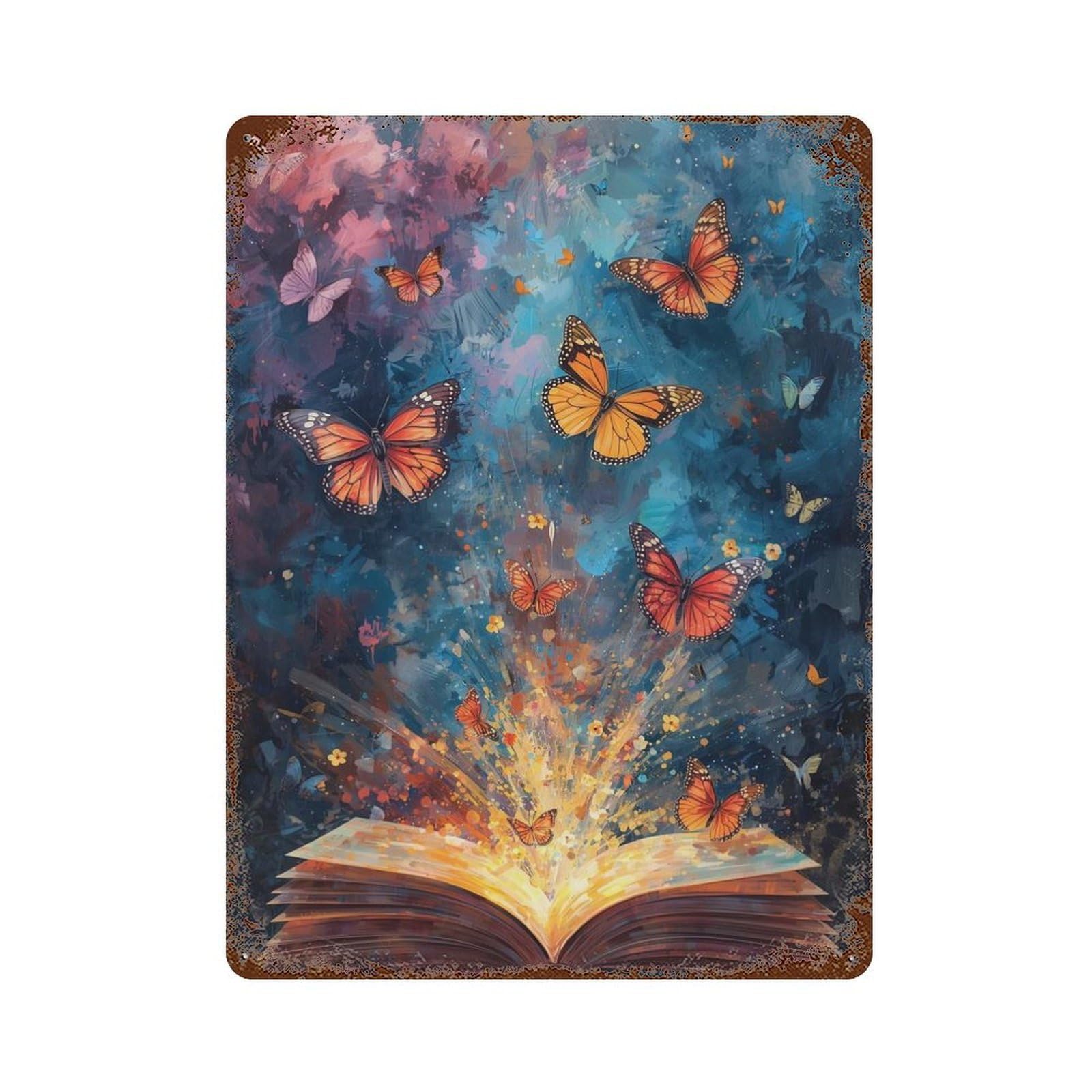 Weathered Tin Sign with Book of Butterflies Design 15.7"x11.8", for Office, Studio And Wall Decor, Retro Wall Decor