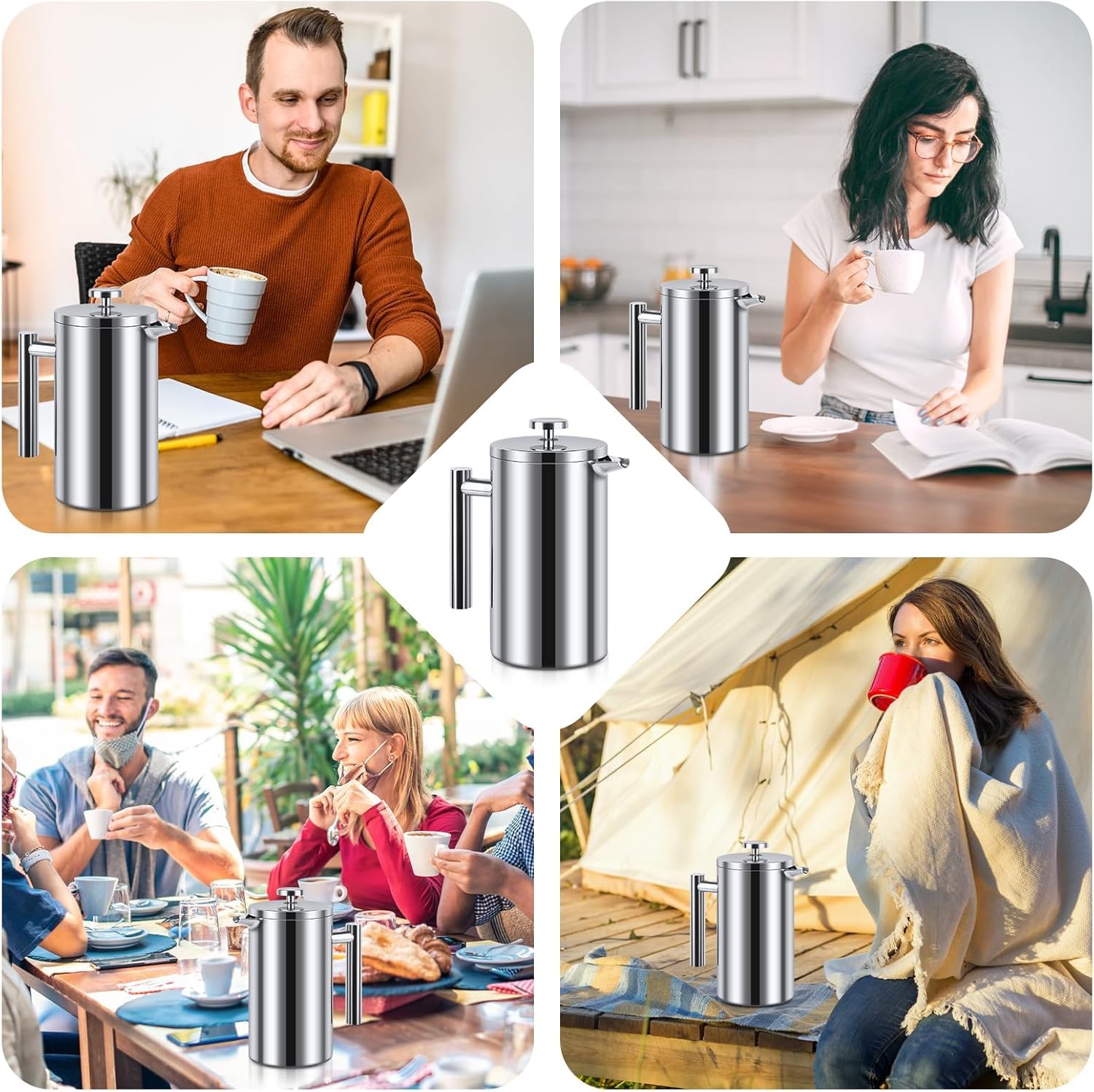 NVIYAM Caffettiera French Press in acciaio inox, 1000 ml, pressa francese a doppia parete, isolata, per la casa, il campeggio e l'ufficio
