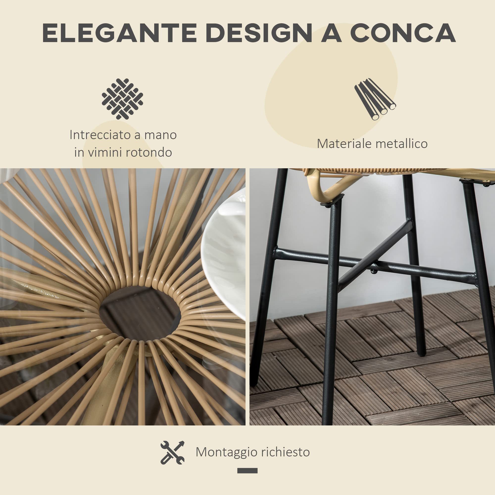 Outsunny Tavolino da Giardino in Rattan PE e Vetro, Tavolino da Caffè Rotondo Stile Boho Chic per Balcone e Terrazza, Ø50x50cm, Beige