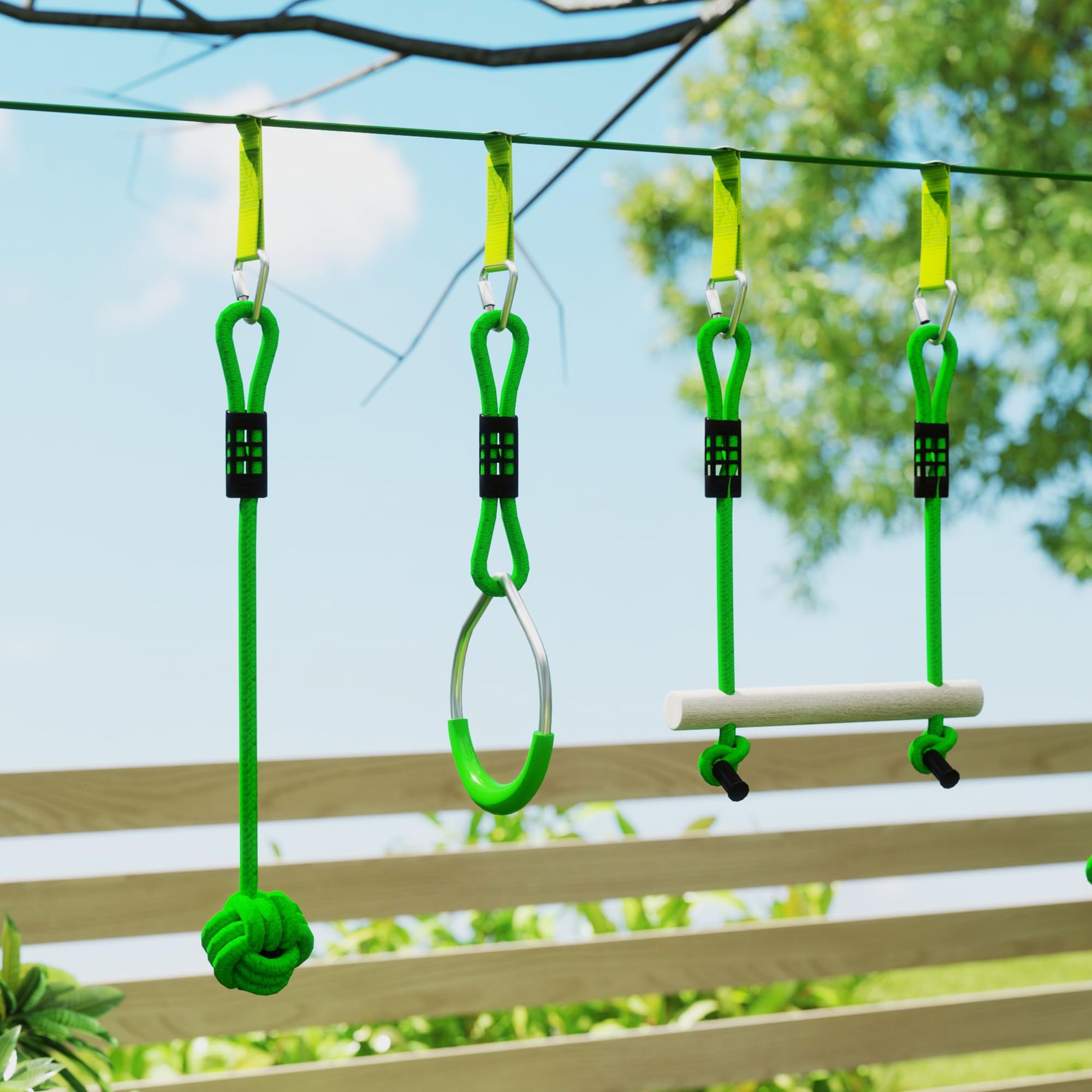 AIYAPLAY Parcours d'obstacles Ninja pour Enfants 10 m Charge 50 kg Slackline et Sac de Transport, équipement de Jeu extérieur pour Filles et garçons, Installation Facile, Bois de Sapin et PP, Vert