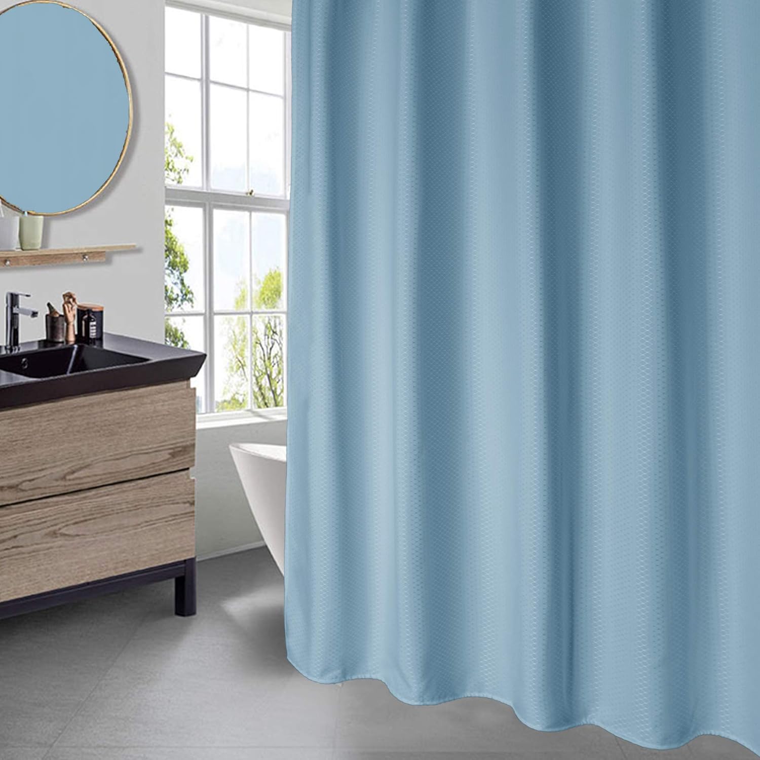 AooHome Extra Long 75 Inch Shower Curtain, Fabric Bathroom Curtain Waffle Weave Plaid Design with Hooks, Weighted Hem, Heavy Duty, Water Repellent, Light Blue