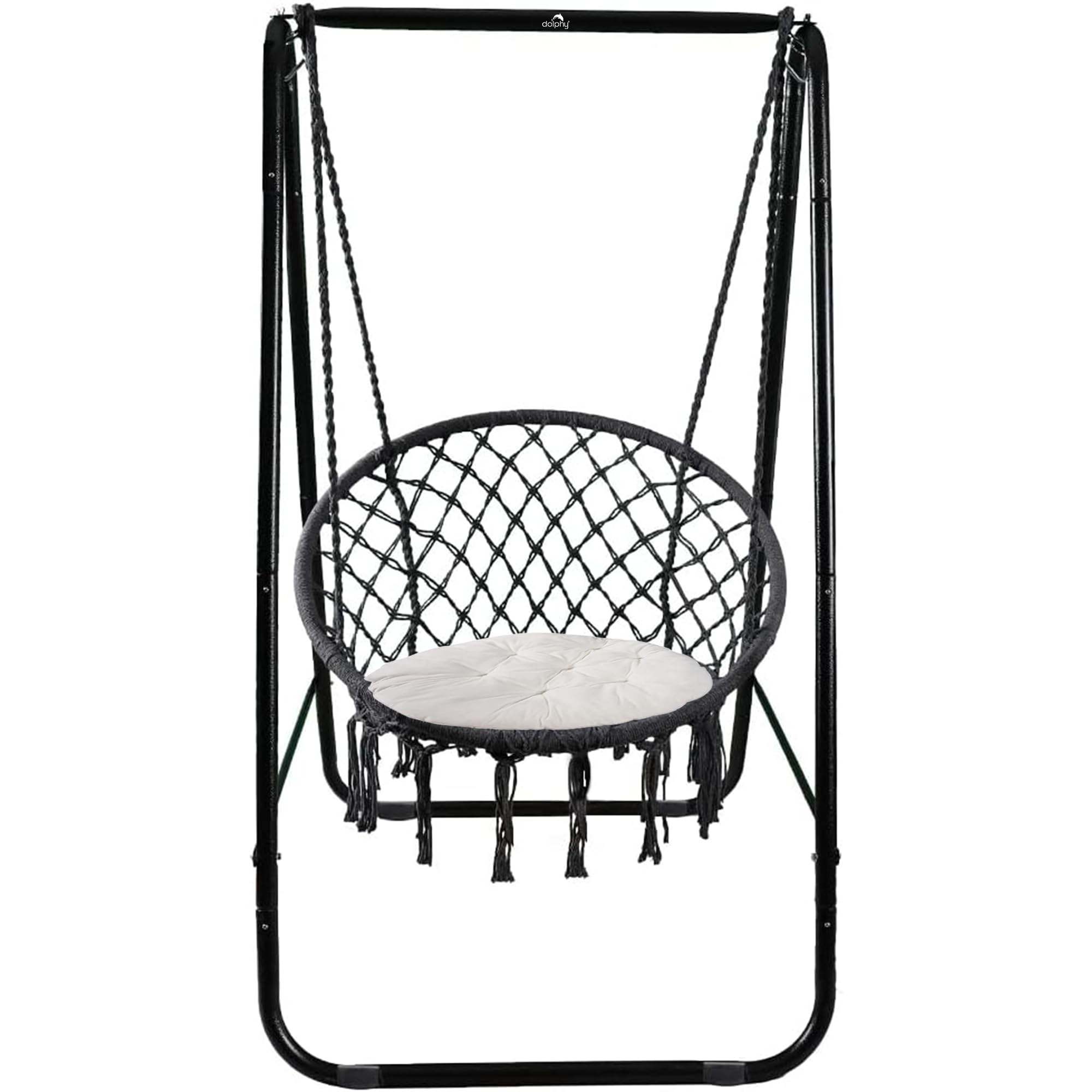 Dolphy Hammock Chair | Stand with Backrest Hanging Swing Chair | Extended Macrame Hanging Cotton Rope Chair with a White Pillow for Adults, Kids | Indoor and Outdoor(Black)-image-22