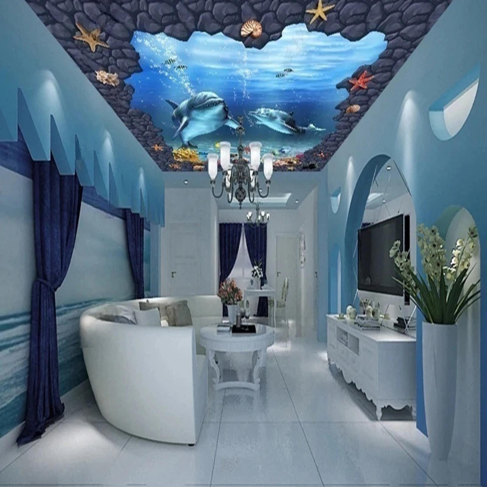 Papier peint mural 3D de plafond dauphins et coraux pour apaiser