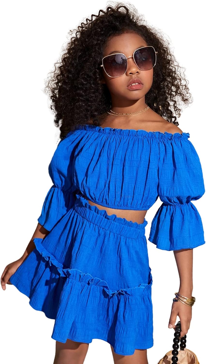 Floerns Girls 2 Piece Outfit Off Shoulder Puff Short Sleeve Blouse Top with Ruffle Skirt Set