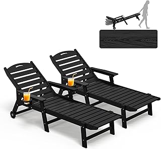 Plawdlik Oversized Patio Chaise Lounge Set of 2, 5 Positions Adjustable HDPE Outdoor Lounge Chair with Rolling Wheels & Cup Holder,All-Weather for Poolside, Beach, Garden - Black