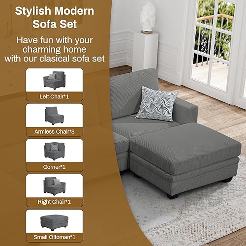 Miniatura 8 de Legend Vansen Sofá modular de gran tamaño, sofá en forma de U de 7 asientos con otomana, sofá de pana con asiento profundo, sofás seccionales