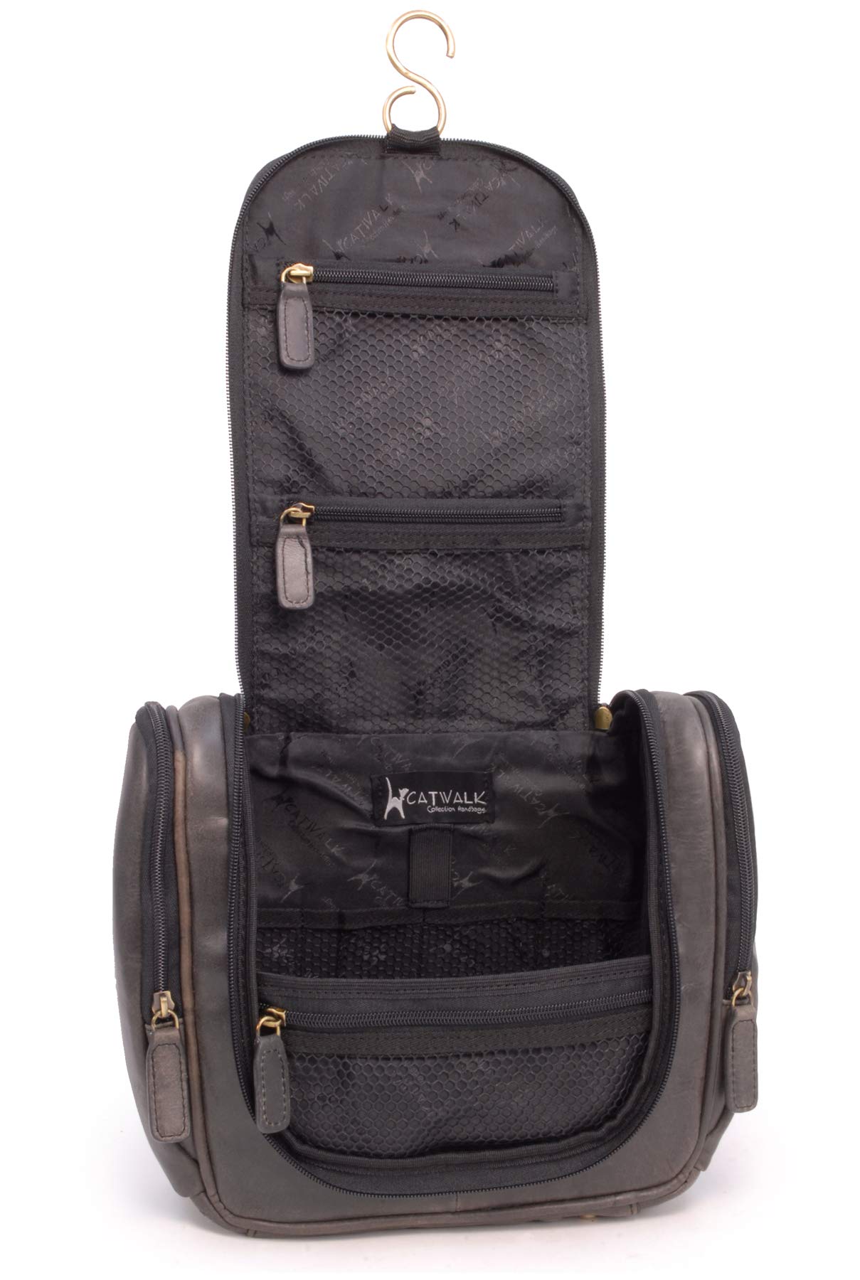 Catwalk Collection Handbags - Grande Neceser de Viaje de Piel - Bolso de Aseo Colgante - Bolso de Baño para Mujer - con Gancho - Maisie - Negro