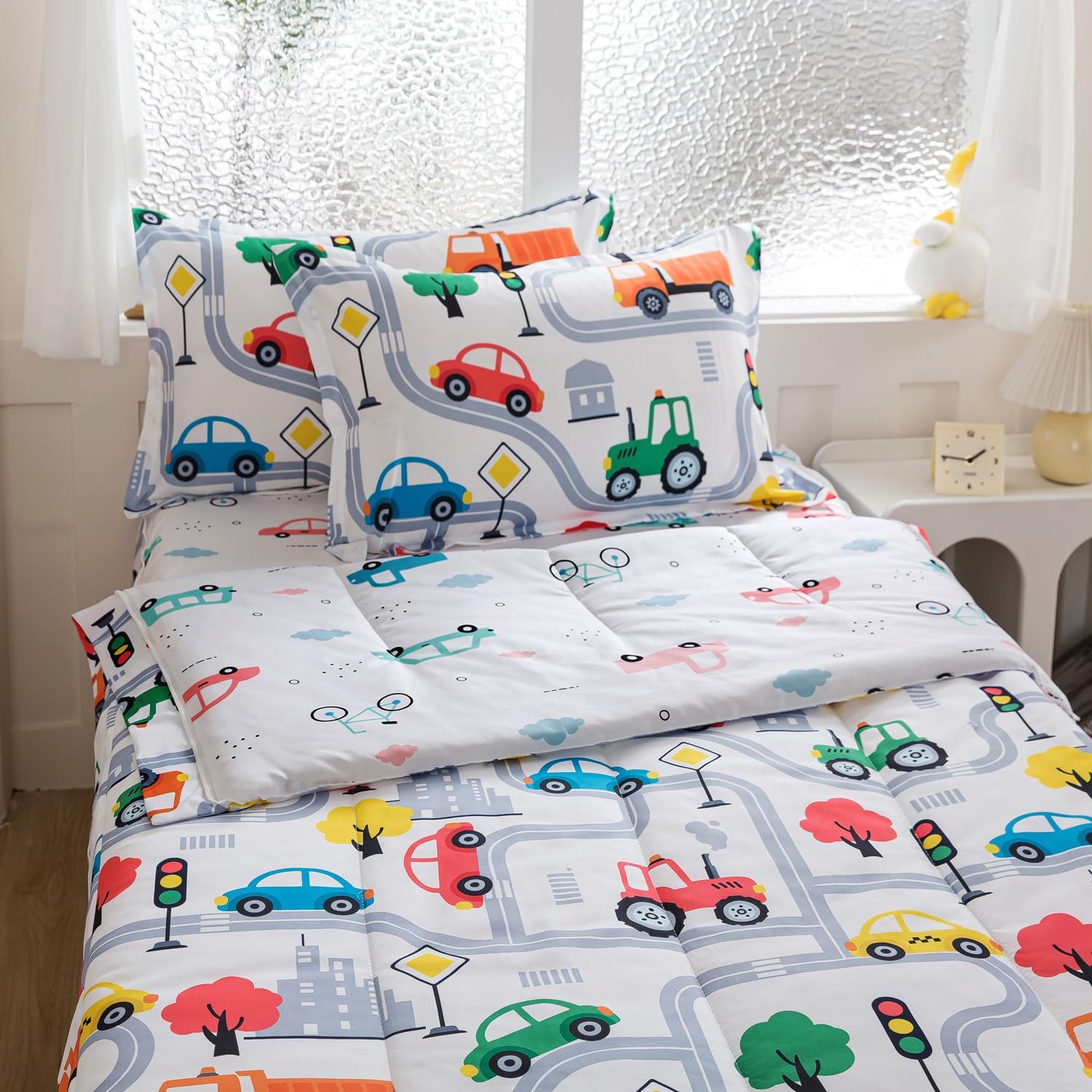 qjmiaofang Zip Up Bedding Twin 4Pcs Cars Bedding Kids Boys Girls Zipper Comforter with Sheet Soft Microfiber Cartoon Car All in One Zipper Bed Set Construction Zip Up Bed in A Bag with Fitted Sheet - Image 3