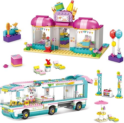 Friends House Bus - Juego de construcción para niñas, amigos, tienda de pasteles de la ciudad, amistad, estrella pop, bloques de construcción con