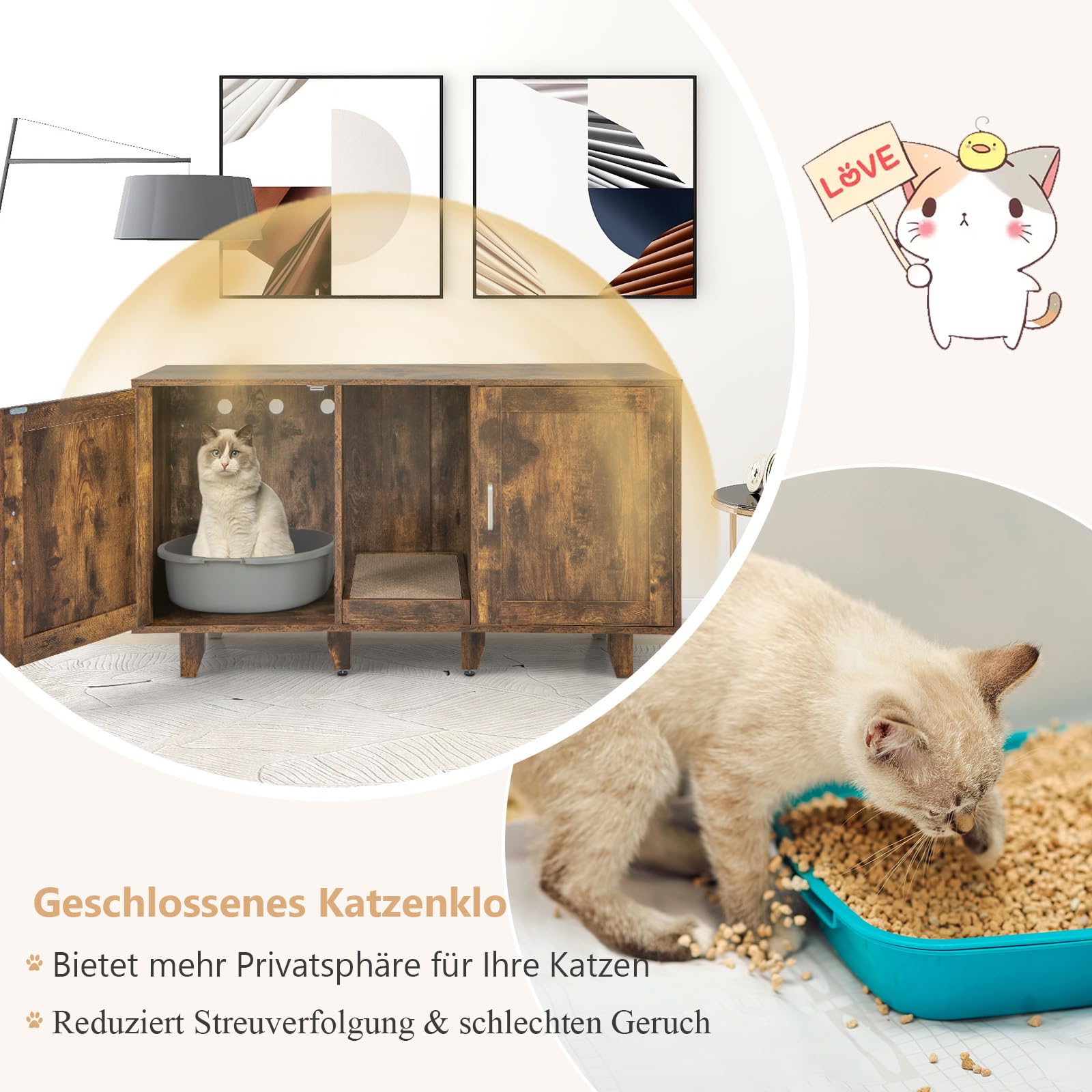 GOPLUS 3 in 1 Katzenschrank, Katzentoilette mit 2 Türen & abnehmbaren Beinen & herausnehmbarem Kratzbrett, Katzenhöhle Beistelltisch TV-Ständer für 2 Katzen, 120x52x65cm (Vintage)
