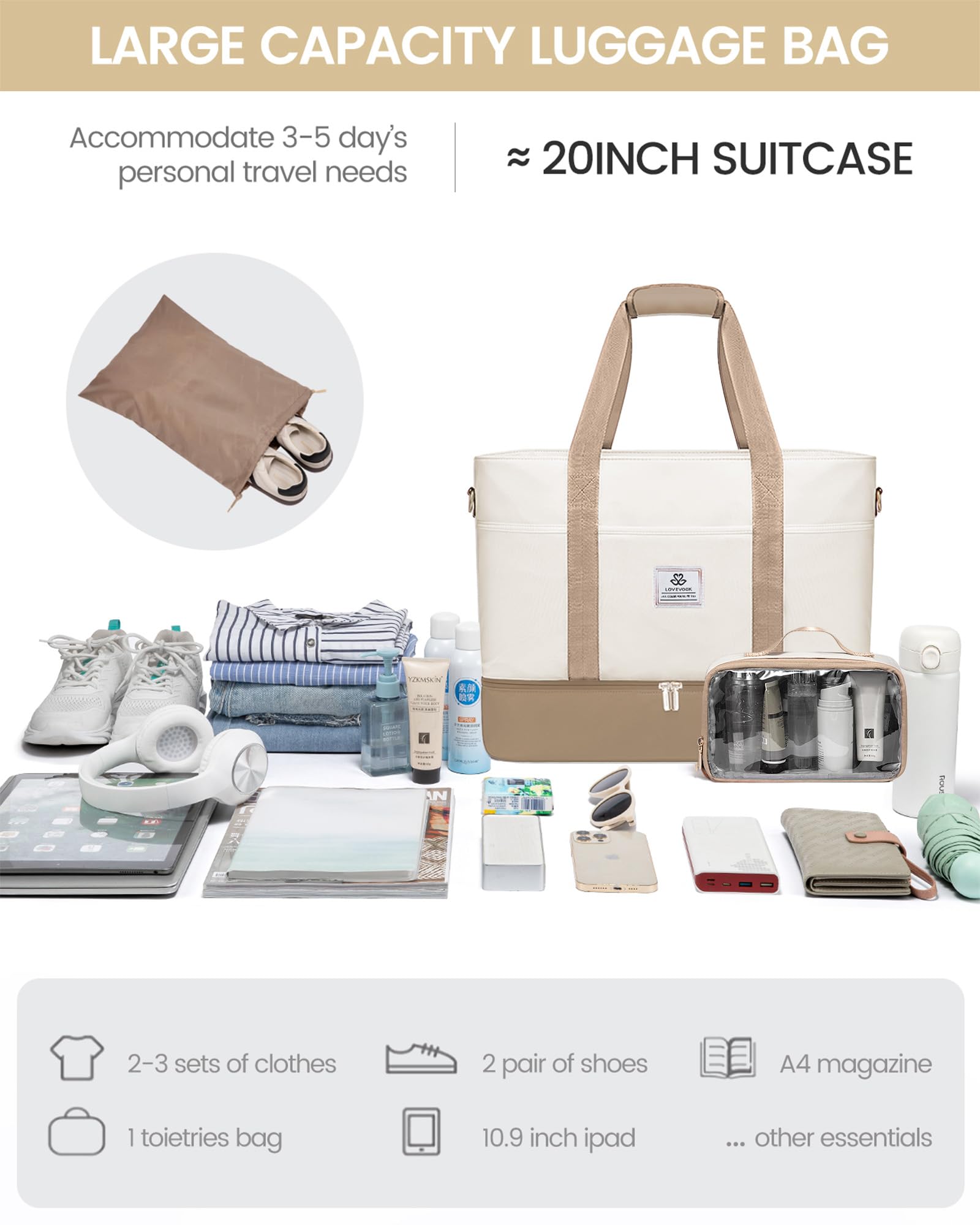 LOVEVOOK Reisetasche Damen, Wasserdicht Weekender Travel Bag mit Schuhfach, Duffle Bag Kliniktasche Geburt Mommy Handgepäck Tasche Saunatasche Gym Sporttasche Schwimmtasche für Reise Ryanair
