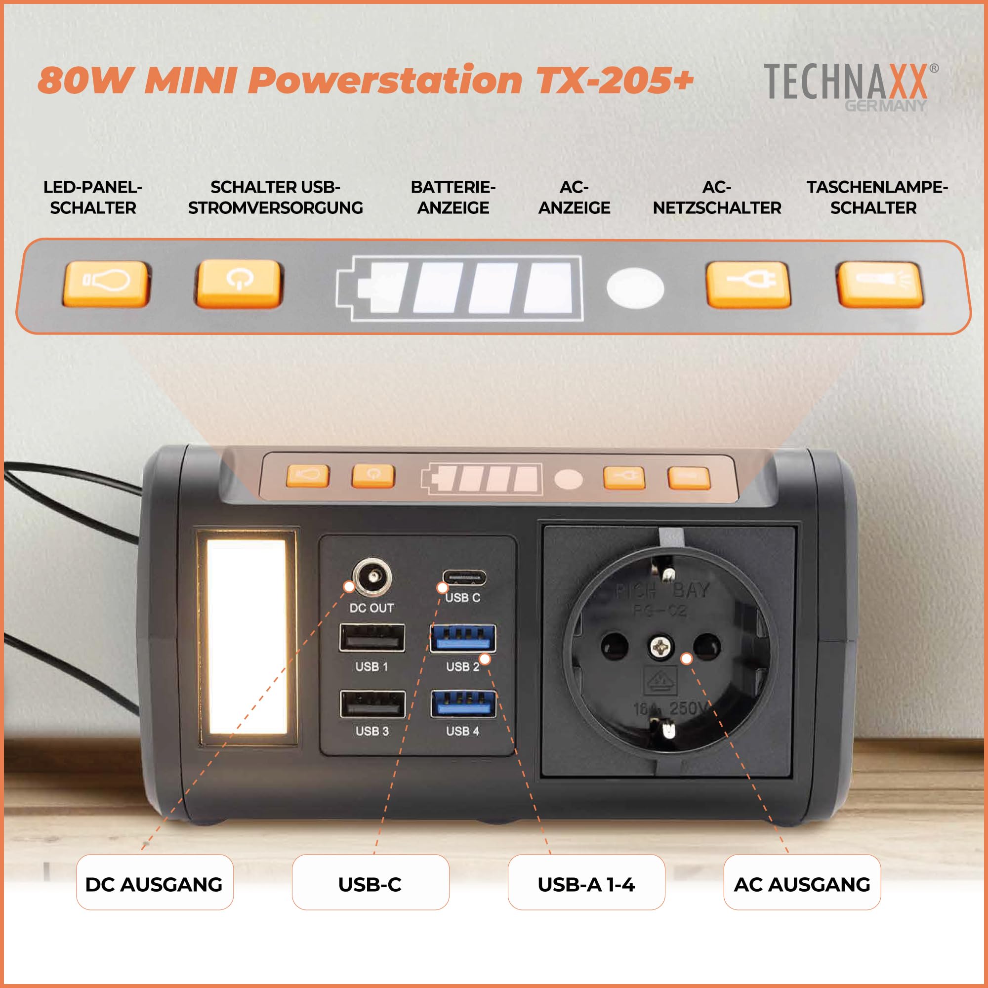 Technaxx Mini Tragbare Powerstation 74Wh 80W mit 230V Steckdose, USB-C PD 18W, 4×USB-A QC3.0, DC-Ausgang, LED, Solarlade-kompatibel, Camping & Notstrom Generator – Aktualisiertes Modell 2026 TX-205+