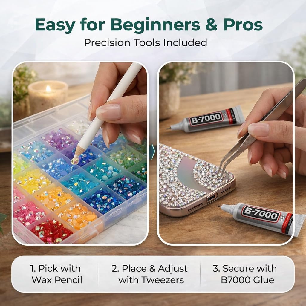 Rhinestones for Bedazzling Kit,Bedazzler Kit with Rhinestones,32000PCS Multicolor Resin Flatback Gems Diamond Art Set with 3PCS 10ml B7000 Glue for DIY Craft,Shoes,Nails (3mm+Silver Mix)