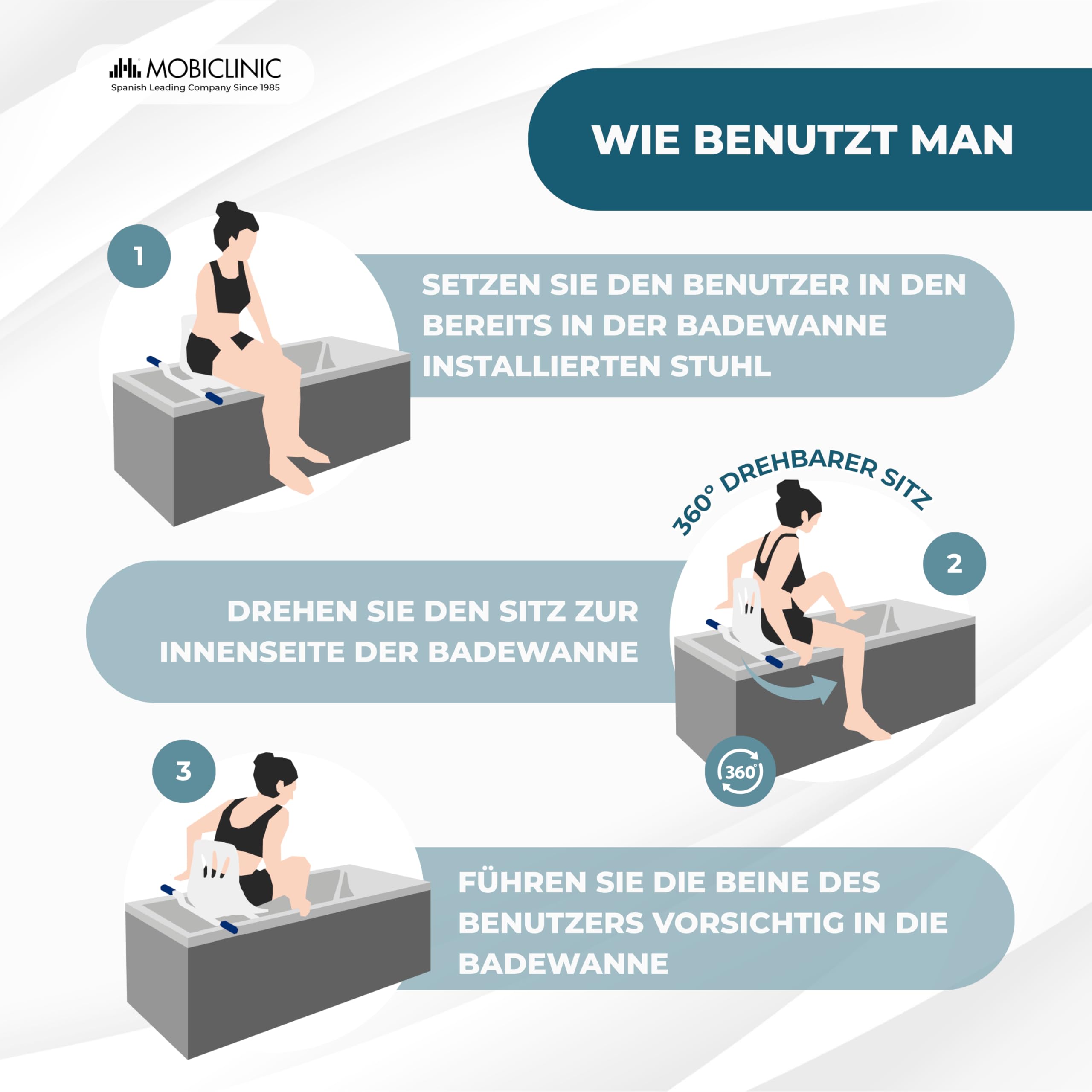Mobiclinic®, Badewannensitz Drehbar 360º, Europäische Marke, Drehstuhl Dusche, Duschstuhl mit Armlehnen und Rückenlehne, Drehbarer Badewannenstuhl, Wannensitz, Verstellbar, Lago