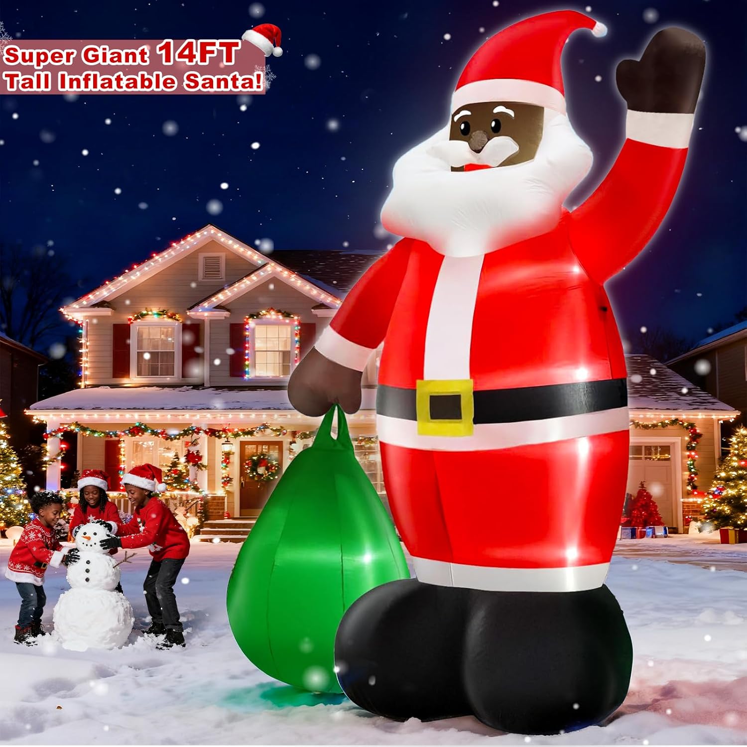 14 Ft by 8.5 Ft Giant Christmas Inflatable Black Santa Holding Gift Bag, African American Christmas Decorations, Blow up Xmas Decor Built in LED Lights for Yard Lawn Garden - Image 5