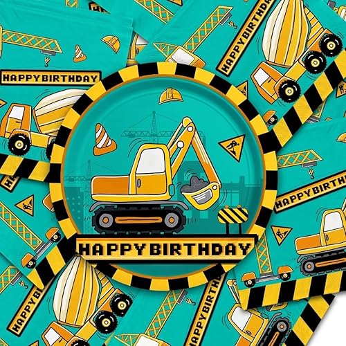 Miniatura 7 de Kit de suministros para fiesta de cumpleaños de construcción, platos de papel desechables, servilletas, decoraciones de fiesta de cumpleaños con
