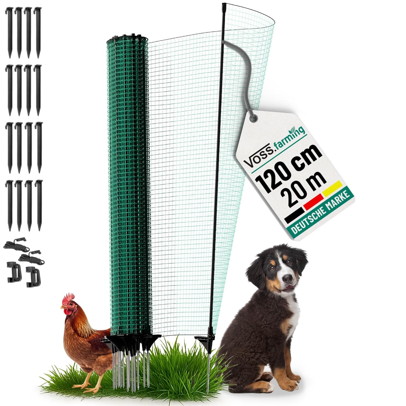VOSS.farming Begrenzungszaun Classic ohne Strom, 20m, 120cm, 12 Pfähle, 1 Spitze, grün, Kleintiernetz, mobiler Zaun, Gartenzaun, für Garten, Haus, Hof
