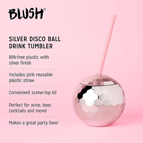 Miniatura 2 de Blush Taza de bola de discoteca plateada con pajitas para fiestas, 16 onzas, lindo vaso de bebida de bola de cóctel con purpurina brillante,