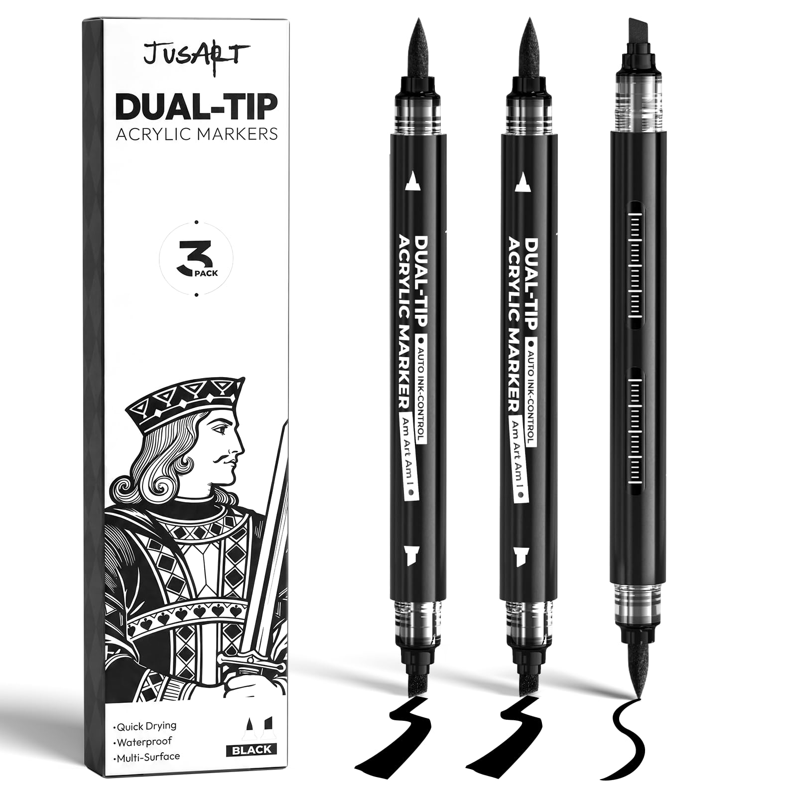 3 Black Dual-Tip Acrylic Paint Markers, Automatic Ink Control