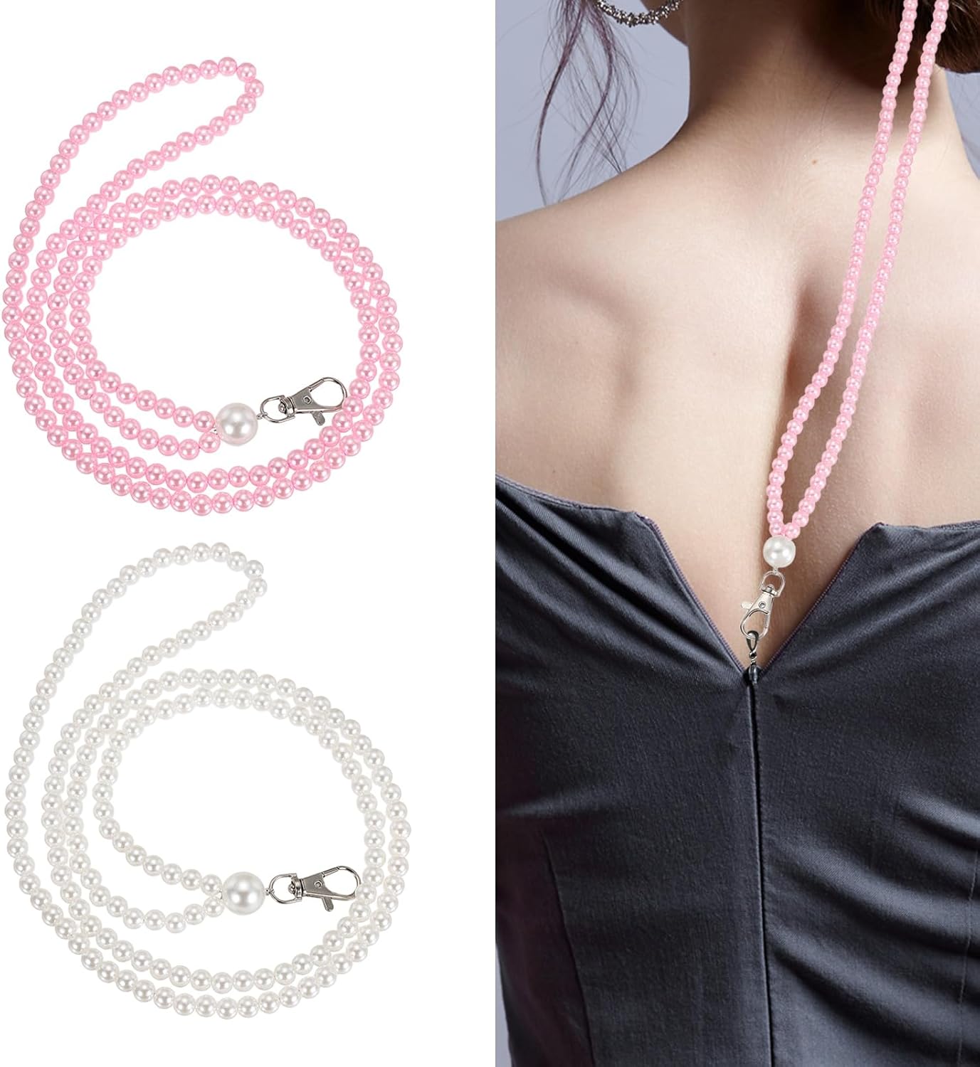 PATIKIL Zipper Helper Pull, 2 Pcs Back Zipper Puller Beaded Clothing Assistant Aid with Rotating Clip for Dresses Easy Zip Up by Yourself, White/Pink