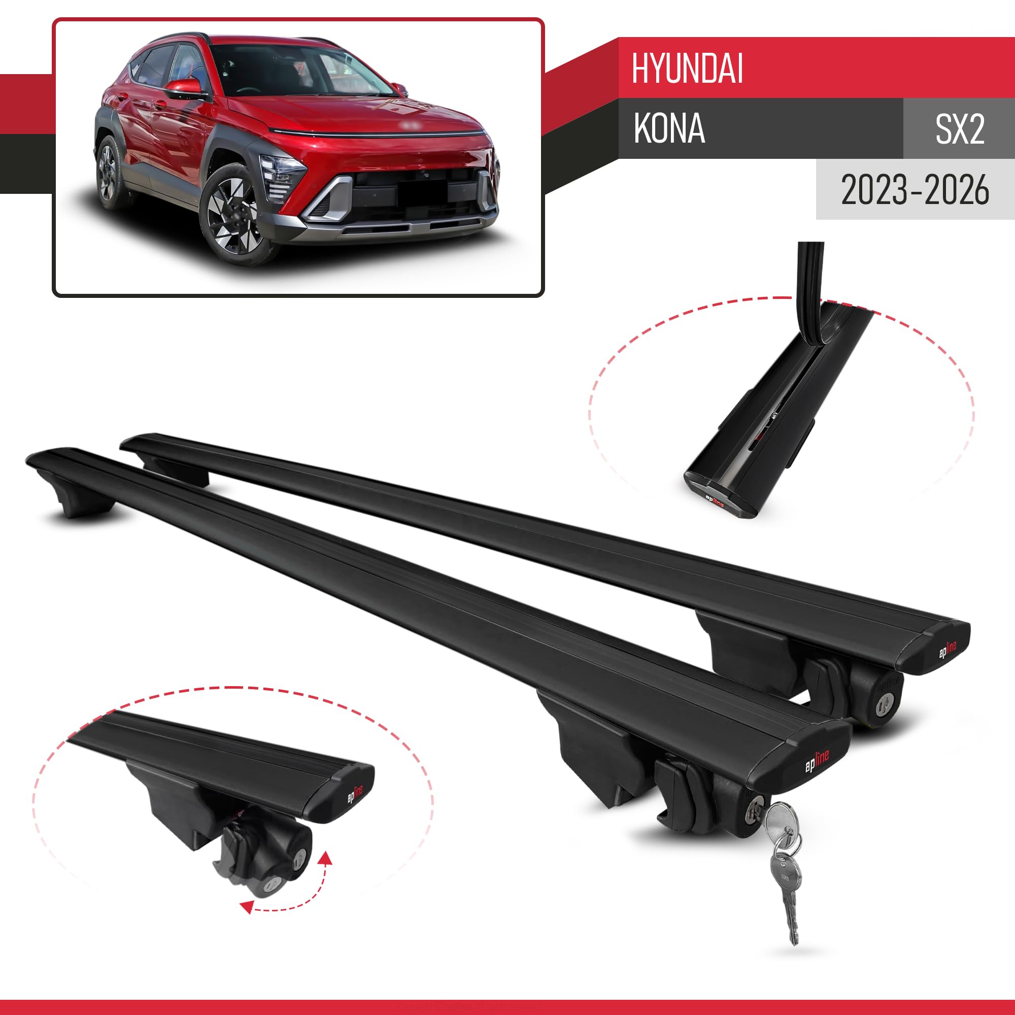 Compatible avec Hyundai Kona (SX2) 2023-2026 Hook Modèle Barres de Toit Railing Porte-Bagages de Voiture Aluminium Noir 2 Barres
