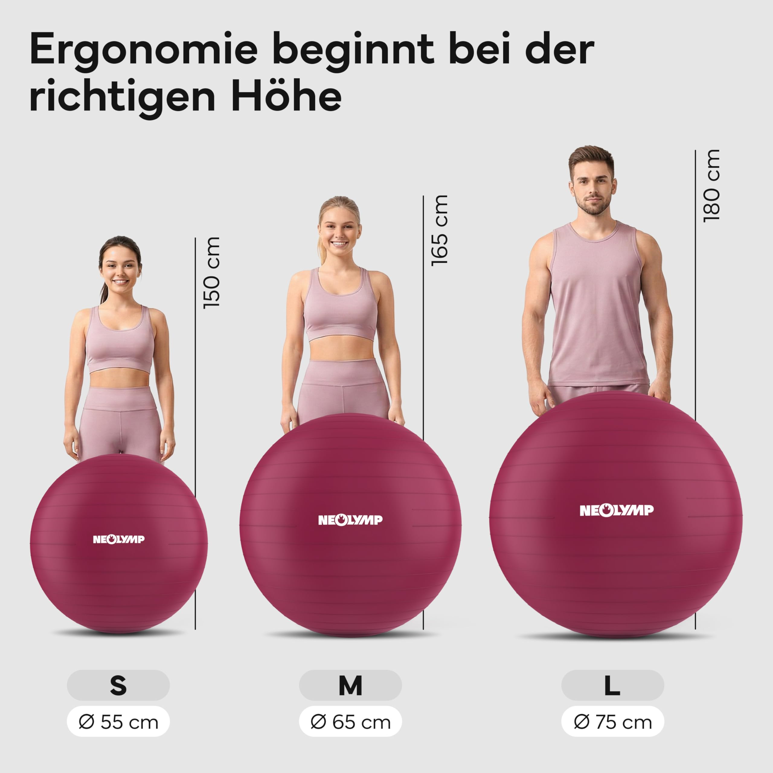 NEOLYMP Gymnastikball - Sitzball Büro ergonomisch in 3 Größen S/M/L - bis 300 kg belastbar, rutschfest & Anti Burst - Pilates Ball, Pezziball, Schwangerschaftsball, Yoga Ball für Homeoffice