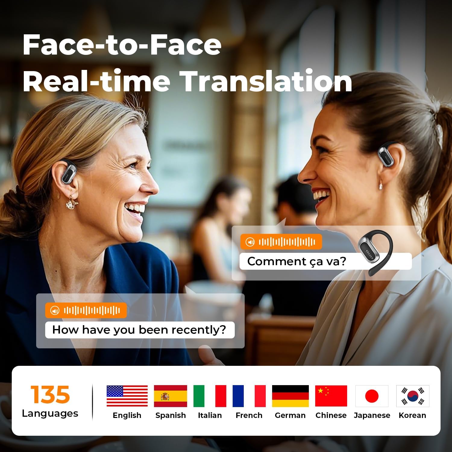 Two women engaging in face-to-face real-time translation using the earbuds, with speech bubbles showing translation.