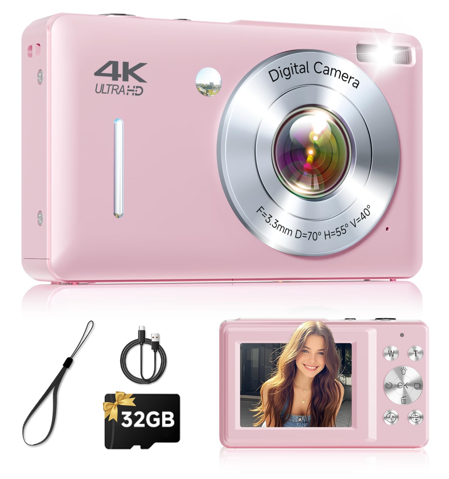 Digital Camera, 44MP FHD 1080P Point and Shoot Digital Camera with Anti Shake, Small Digital Camera with Face Detect, 32GB SD Card, 16X Zoom Camera for Kids, Teens, Boys, Girls Pink