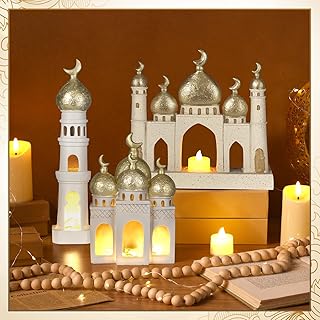 Bucherry Lot de 3 décorations pour la maison du Ramadan et de l'Aïd 2025 - Doré et blanc - Mosquée décorative - Cadeau isl...