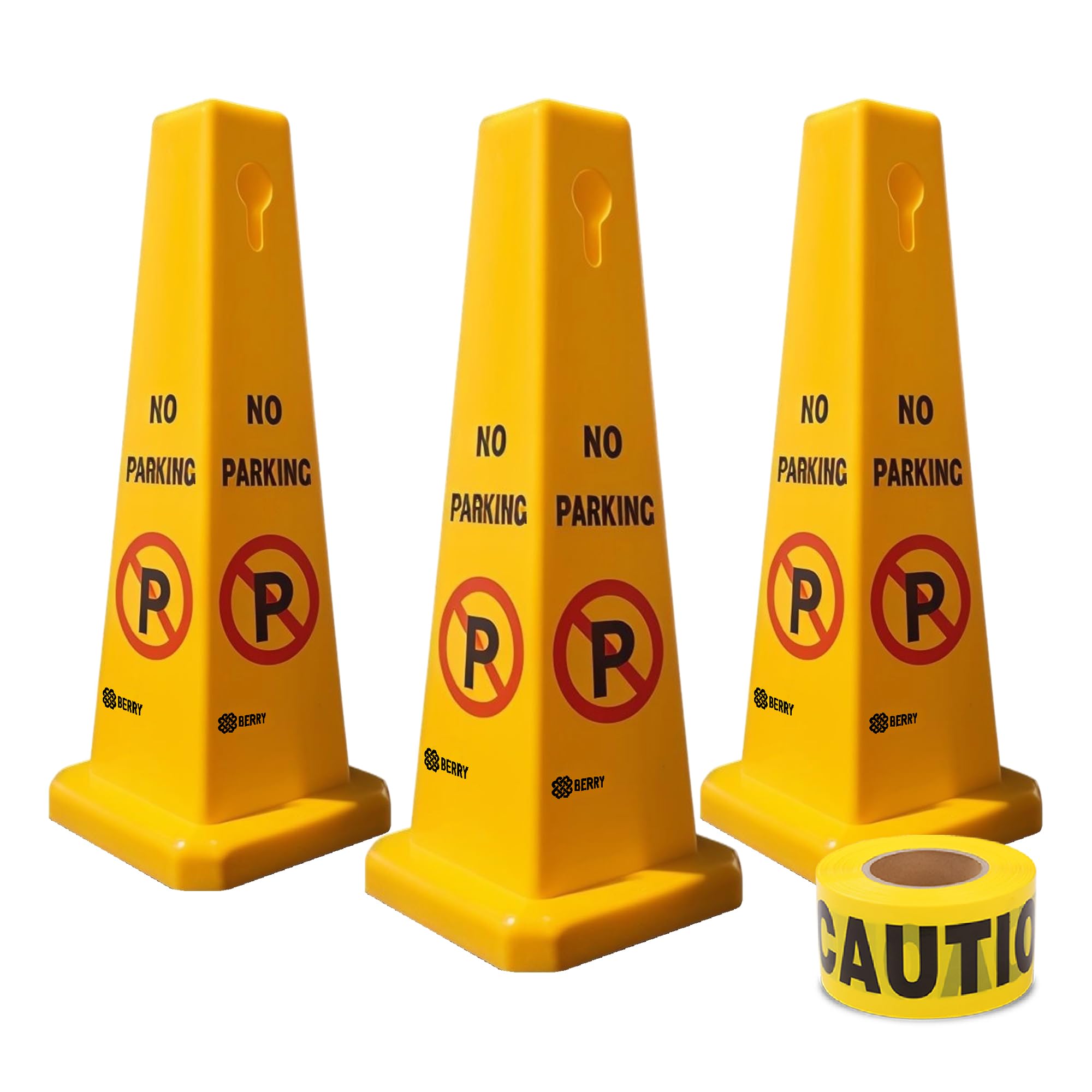 4 Sides No Parking Cones with 2" x 50M Caution Tape, Yellow Warning Sign for Parking Lots, Easily Noticeable Floor Sign for Indoor and Outdoor Use, Residential and Commercial Uses (Yellow, Set of 3)