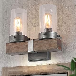 Best LOG BARN Retro Wall Sconce in Real Distressed Wood and Brushed Antique Silver Finish with Cylindrical Bubbled Glass Shades, Small, 11.8" Vanity Light for Bathroom Review 