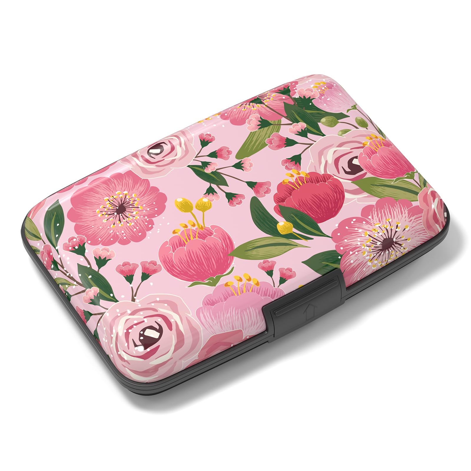 Rimilak Aluminuml Credit Card Holder, Mini Credit Card Wallet RFID Blocking Slim Metal Hard Case for Women Men, Rose Flower