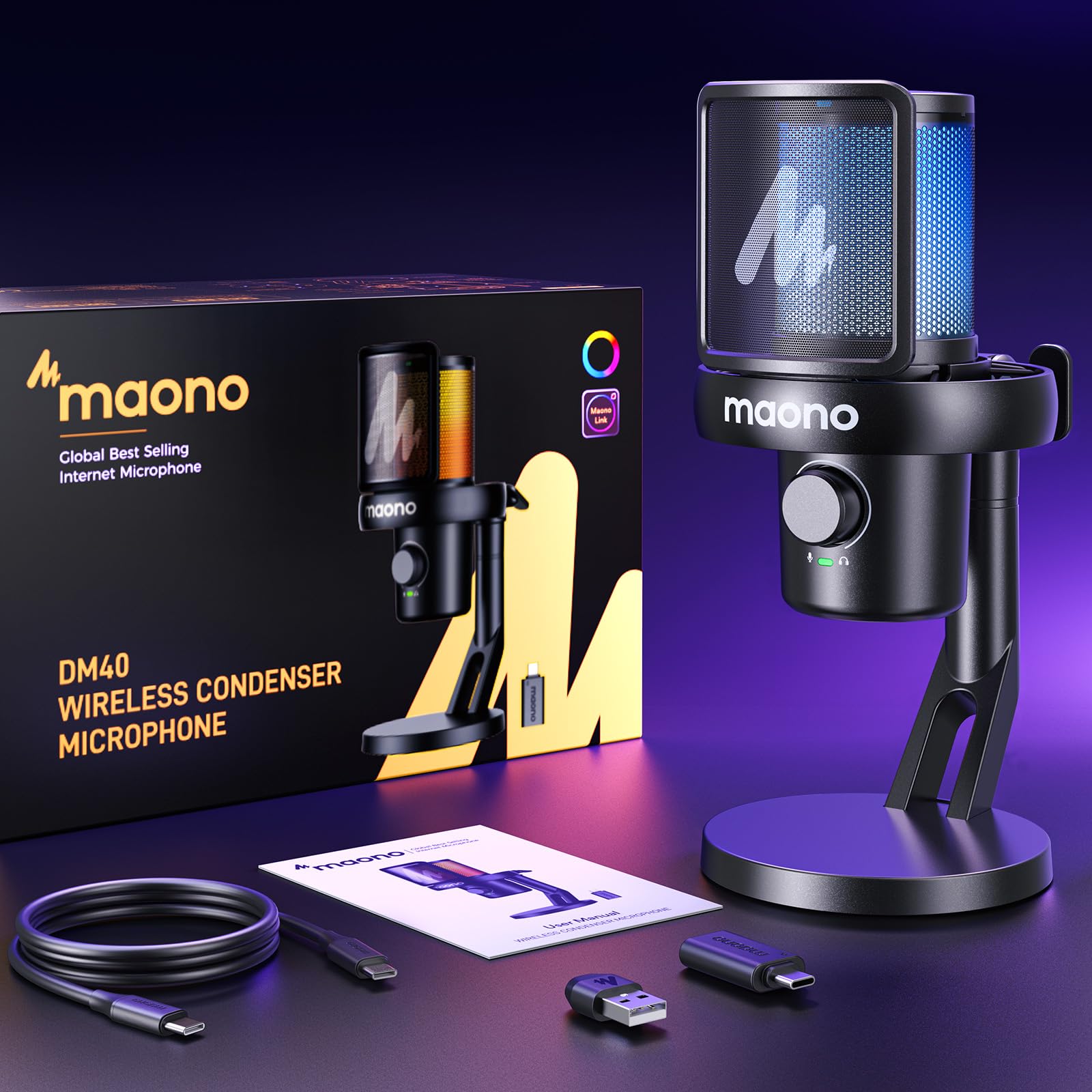 MAONO Micro Gaming sans Fil pour PC, Microphone USB avec Changeur de Voix IA, Suppression du Bruit, EQ Personnalisé, éclairage RVB Réglable pour Jeux, Podcasts, Streaming, DM40 Noir