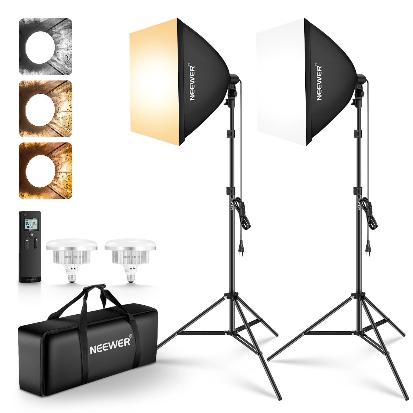 NEEWER 24"x24" Softbox Beleuchtungsset mit Stativständern, 2er Pack, 45W zweifarbige 2,4G LED Glühbirnen, 10 Kanäle, 2900K-7000K, 1400Lux/m, CRI95, 20m Fernbedienung, Fotografie Dauerlicht kit, NK103
